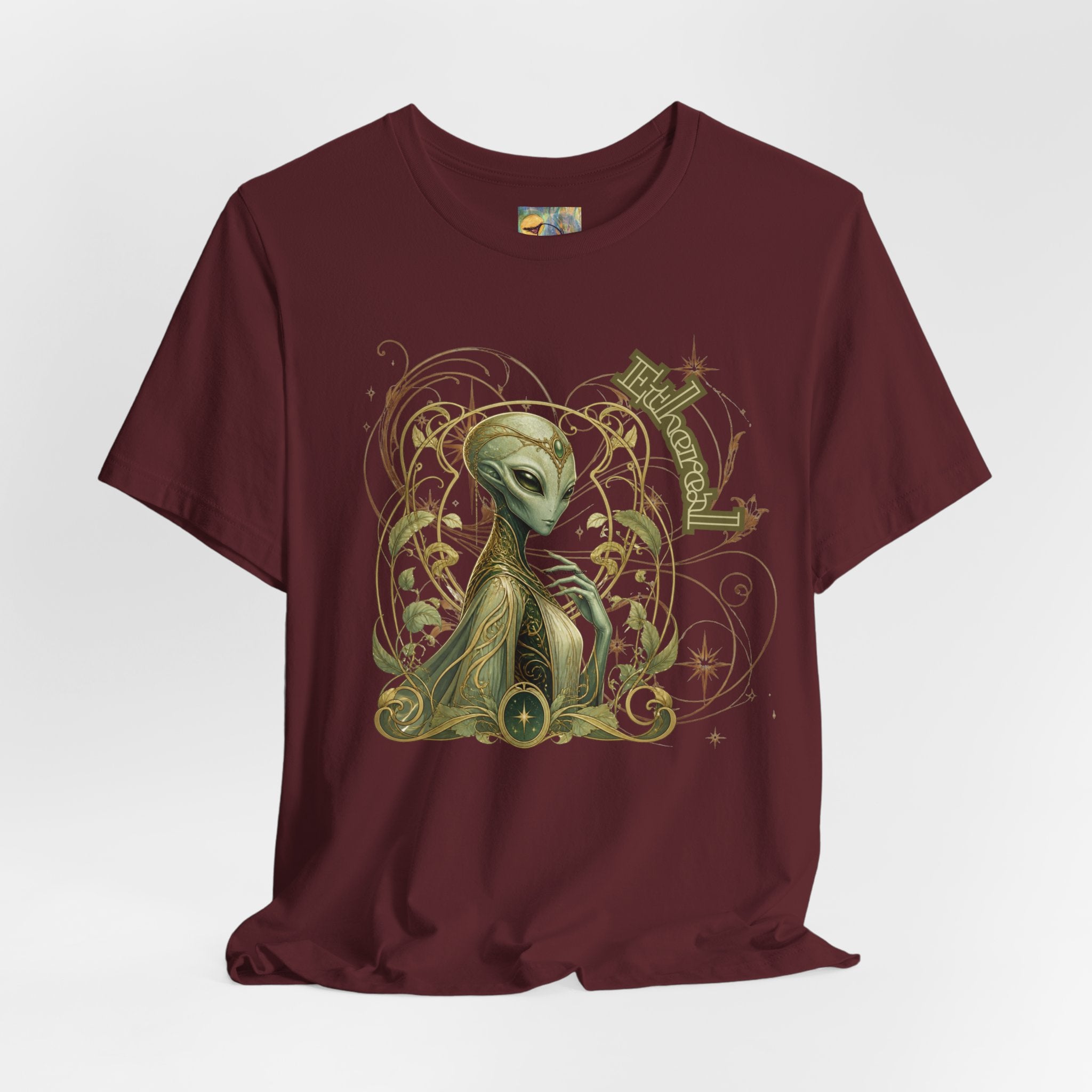 Alien Art Noveau Embrace T-Shirt — Mystical Green Alien Graphic Tee for Sci‑Fi Fans