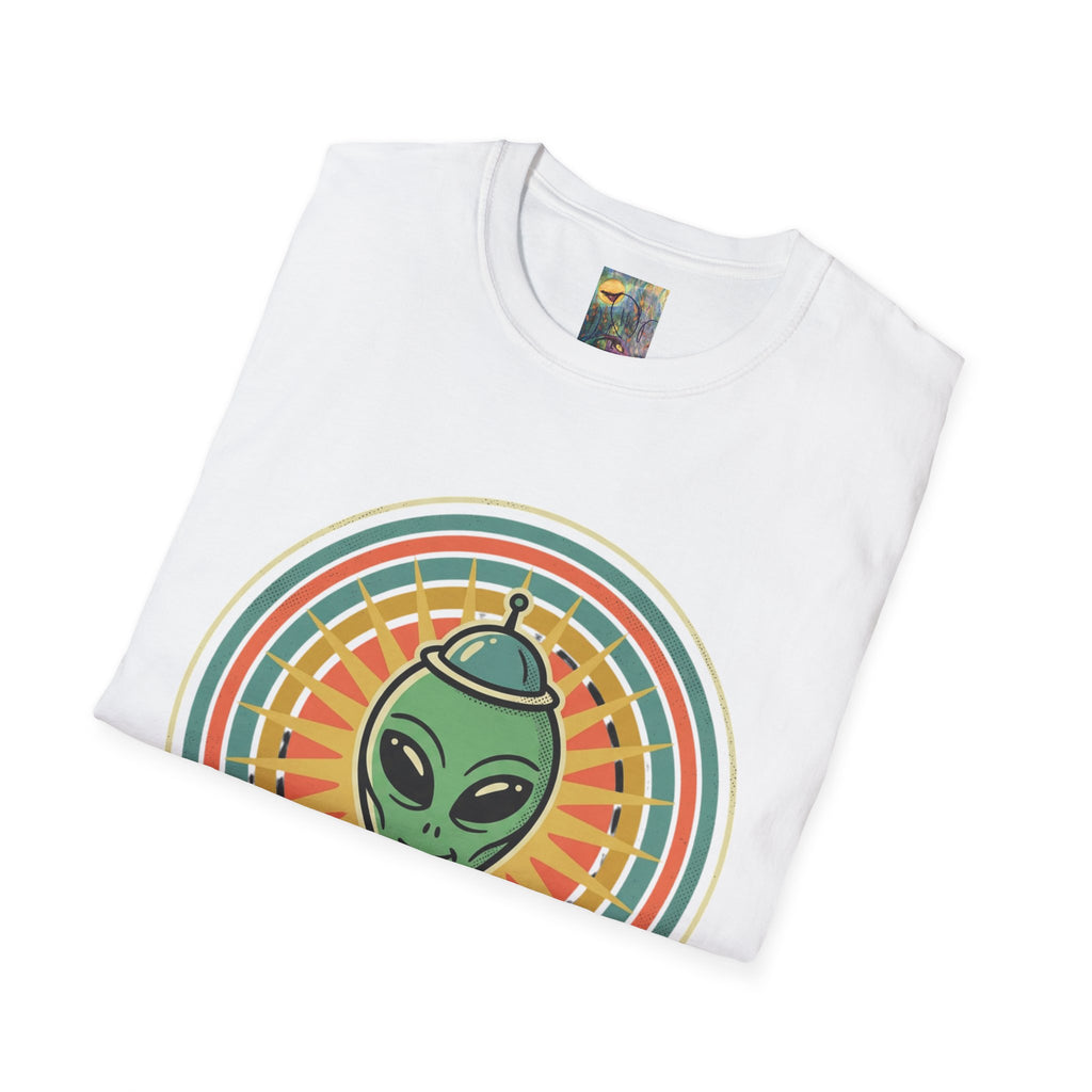 Alien Graphic T-Shirt — Retro Green Alien with Rainbow Halo ("If you can see me you need better tinfoil")