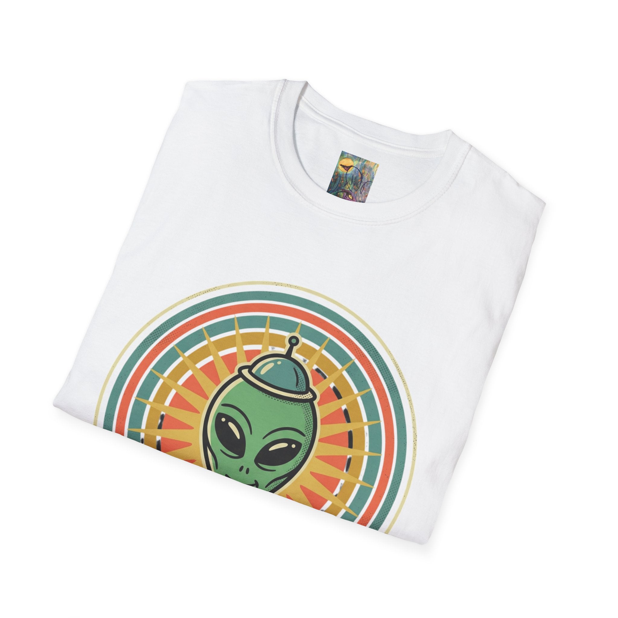 Alien Graphic T-Shirt — Retro Green Alien with Rainbow Halo ("If you can see me you need better tinfoil")