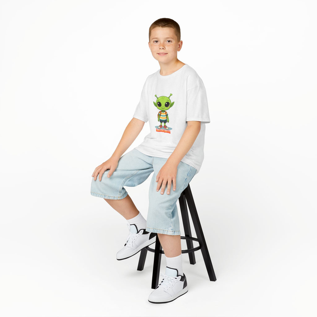 Kids Alien Graphic Tee - Cute Green Alien with Backpack