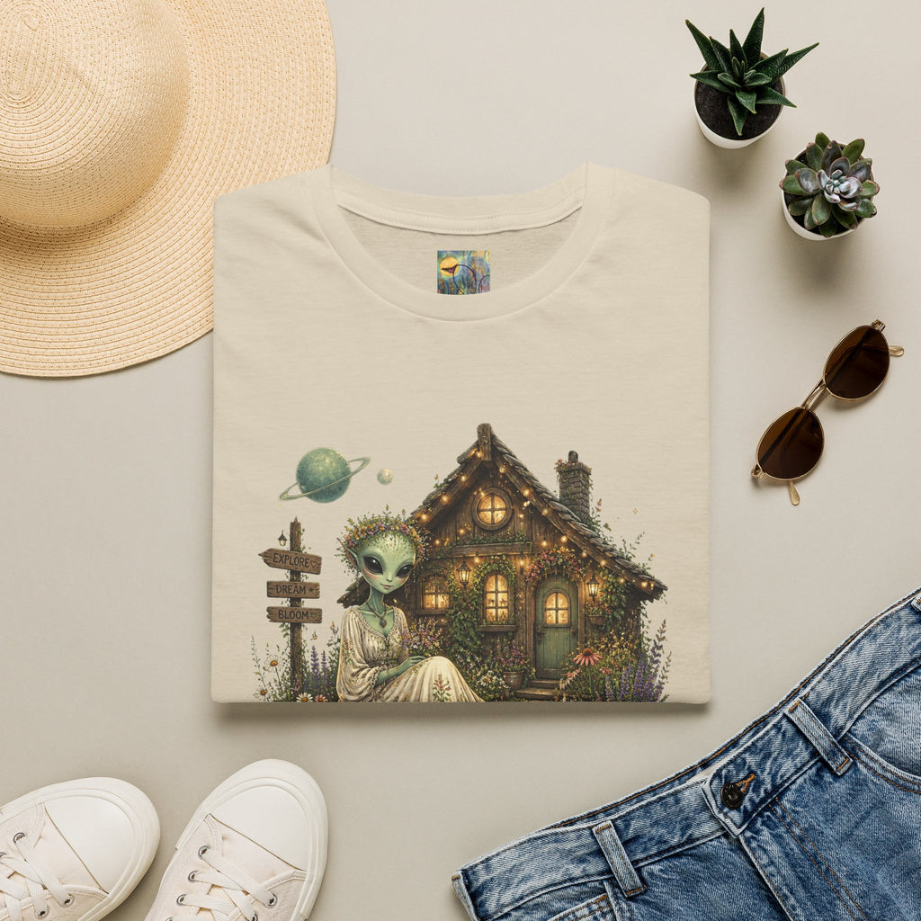 Alien Cottage T-Shirt — Whimsical Extraterrestrial Home Graphic