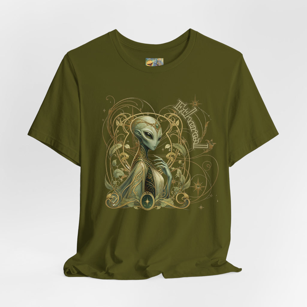 Alien Art Noveau Embrace T-Shirt — Mystical Green Alien Graphic Tee for Sci‑Fi Fans