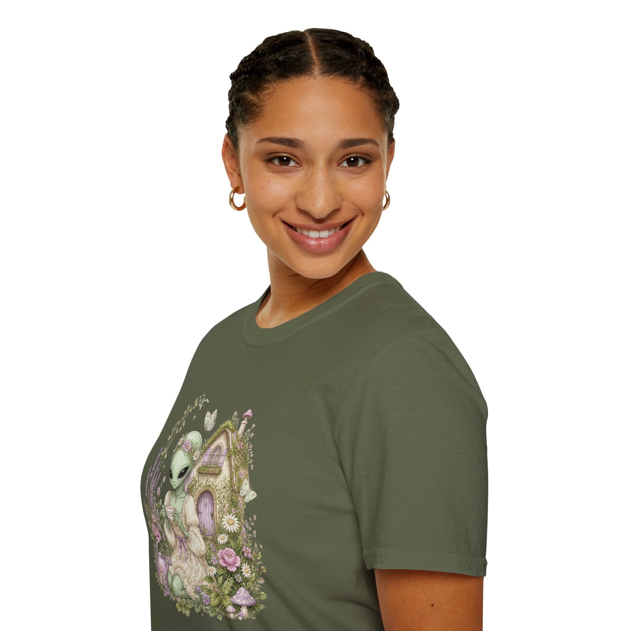 Alien Cottage Tee — Whimsical Floral Alien Garden T-Shirt