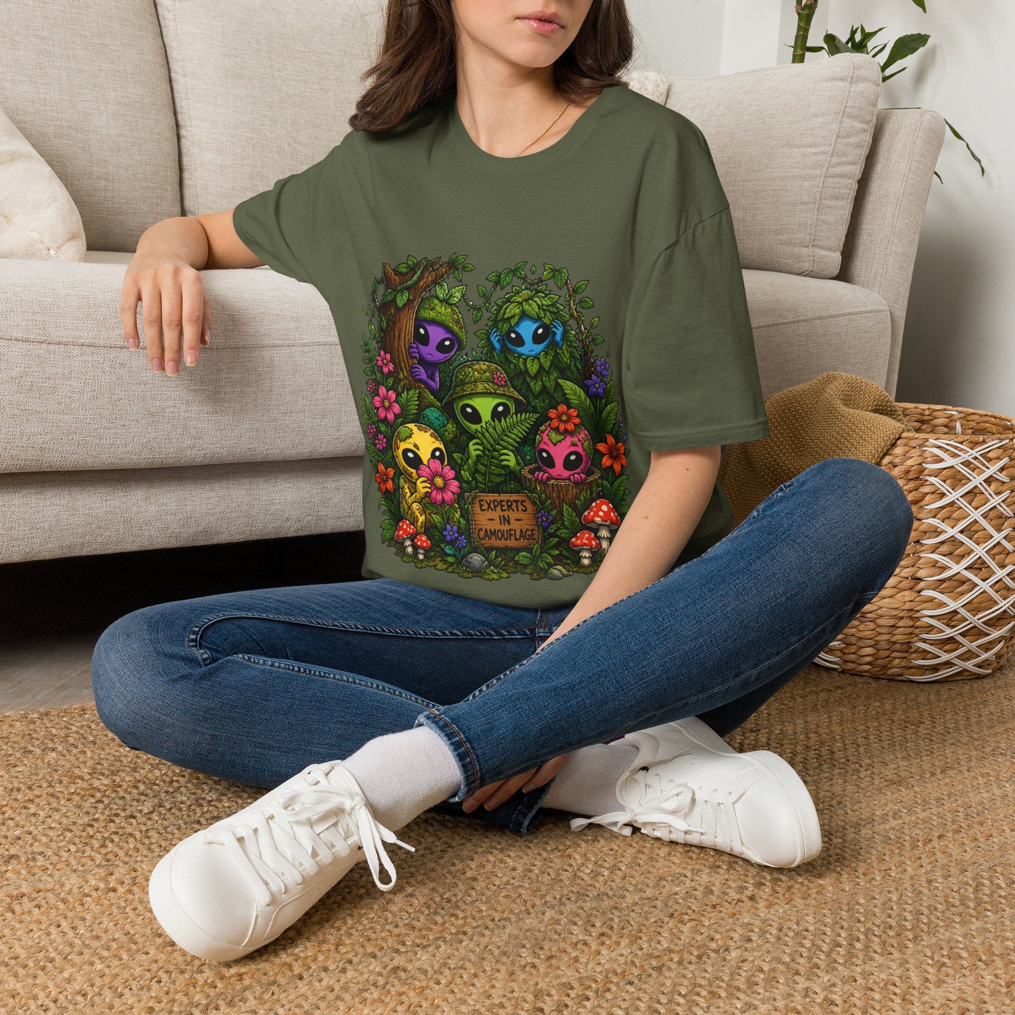 "Experts in Camouflage" Alien Friends T-Shirt — Cute Forest ETs Peeking Through Leaves