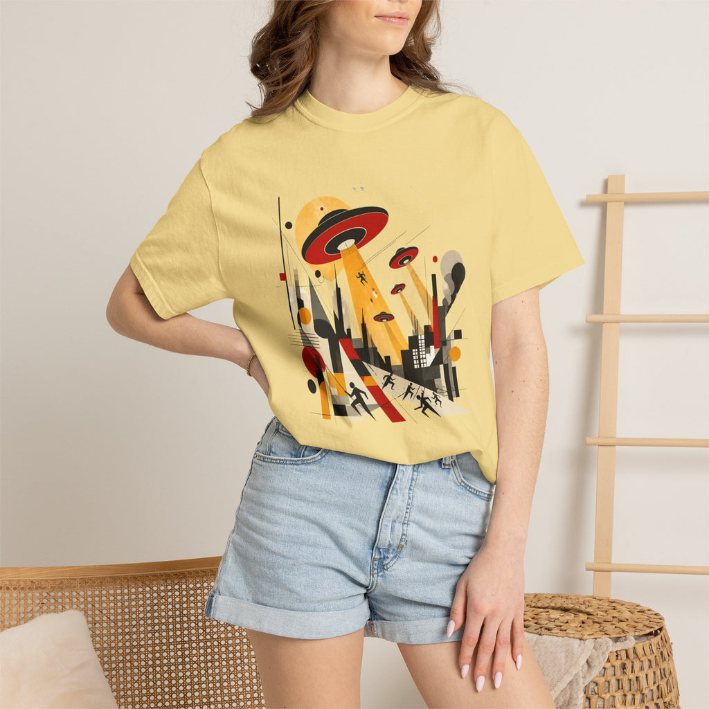 Alien Invasion Bauhaus Graphic T-Shirt — Retro Sci‑Fi Cityscape Design