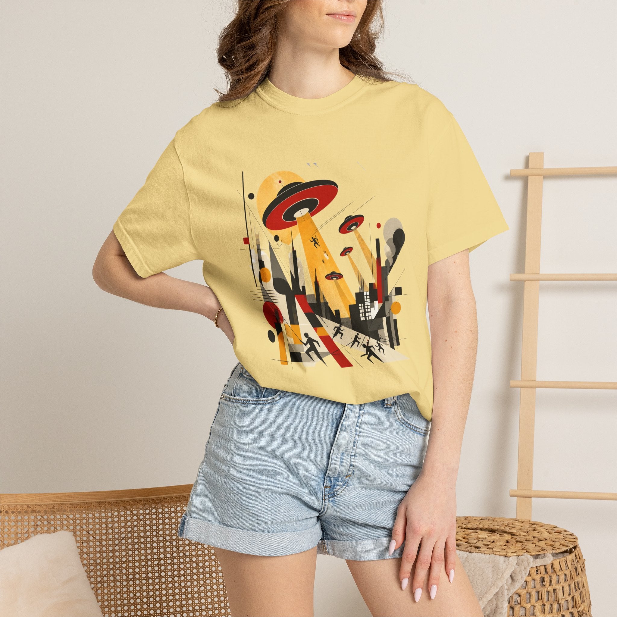 Alien Invasion Bauhaus Graphic T-Shirt — Retro Sci‑Fi Cityscape Design