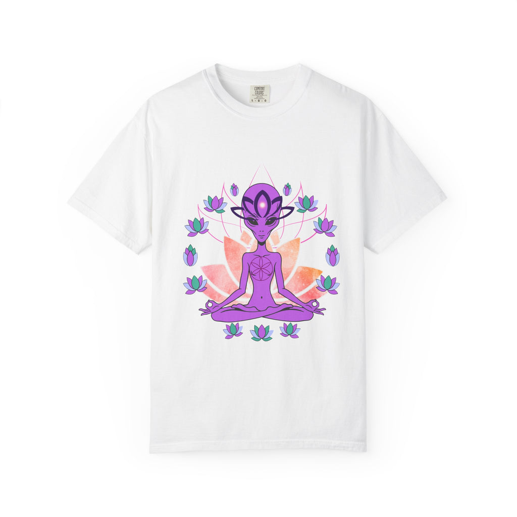 Alien Yoga T-Shirt — Purple Meditating Alien Lotus Tee