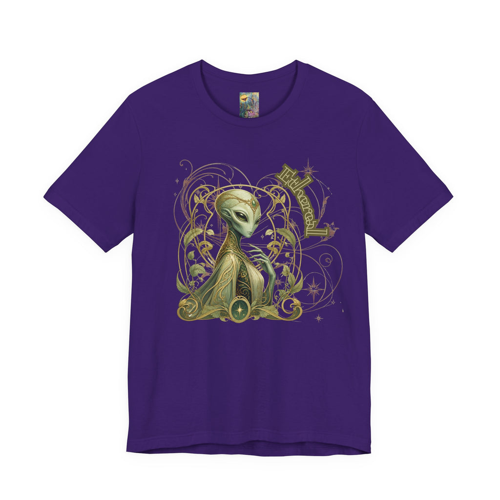Alien Art Noveau Embrace T-Shirt — Mystical Green Alien Graphic Tee for Sci‑Fi Fans