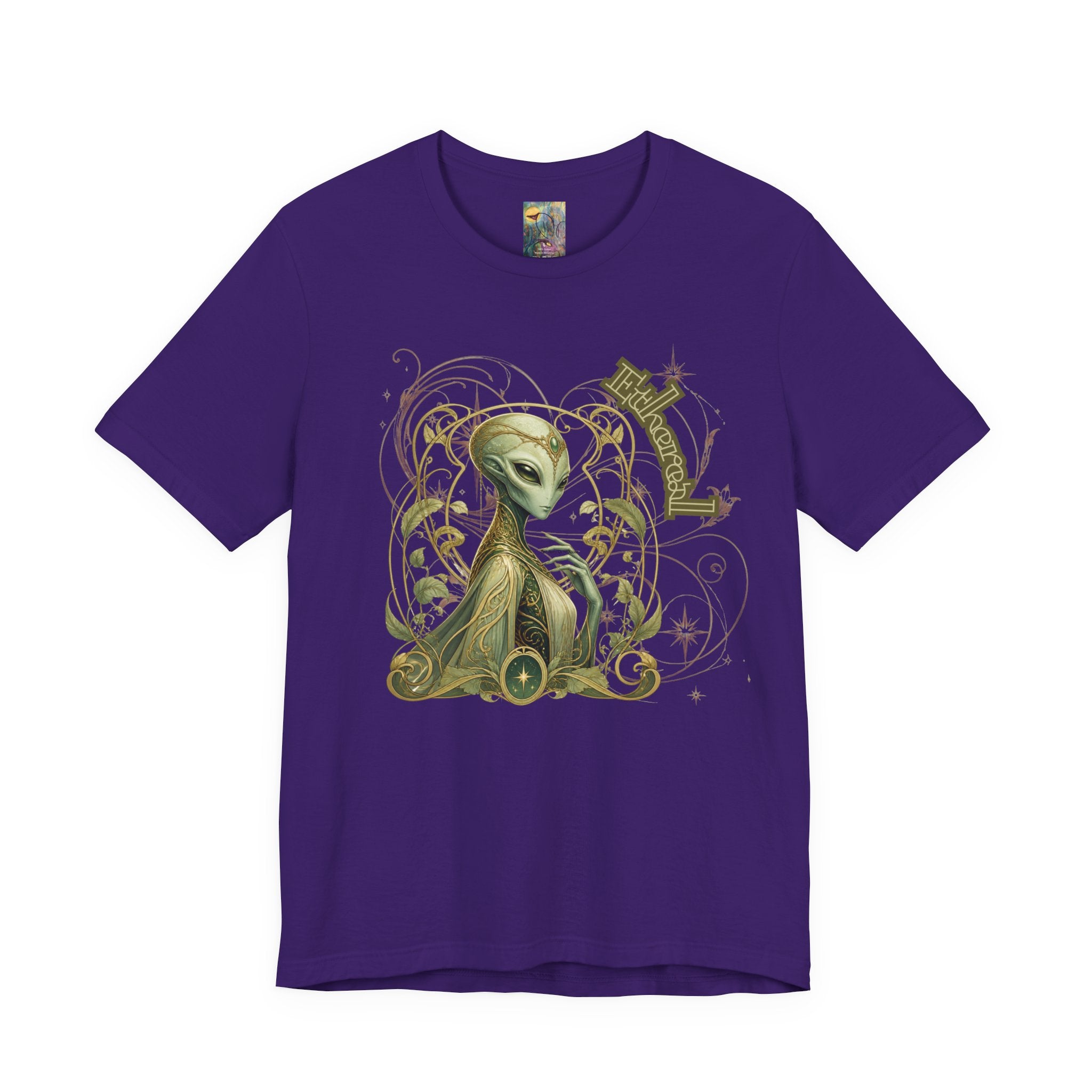 Alien Art Noveau Embrace T-Shirt — Mystical Green Alien Graphic Tee for Sci‑Fi Fans