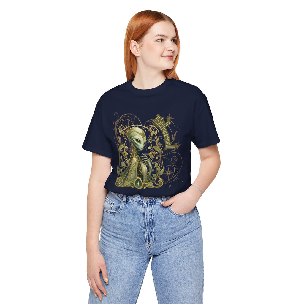 Alien Art Noveau Embrace T-Shirt — Mystical Green Alien Graphic Tee for Sci‑Fi Fans