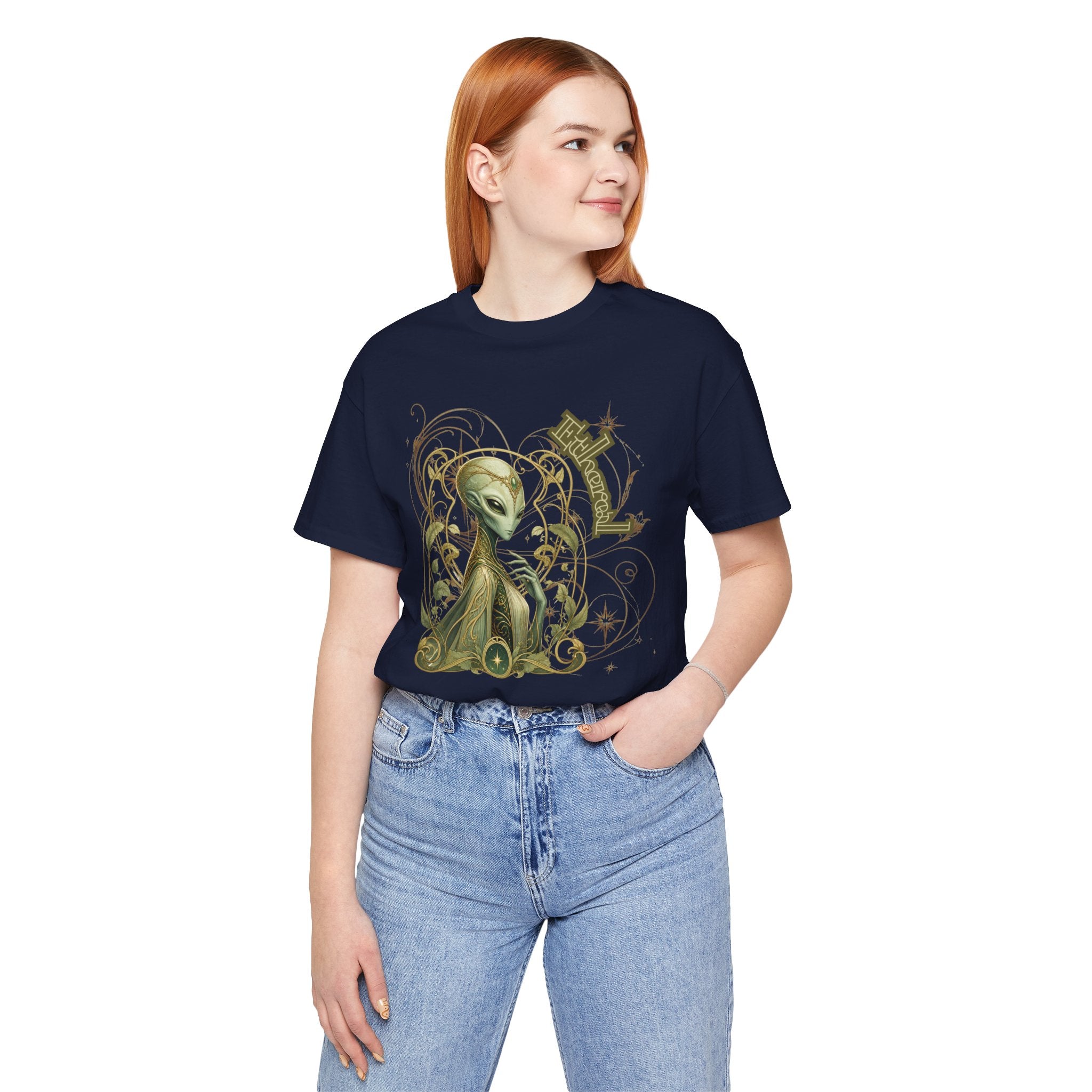 Alien Art Noveau Embrace T-Shirt — Mystical Green Alien Graphic Tee for Sci‑Fi Fans