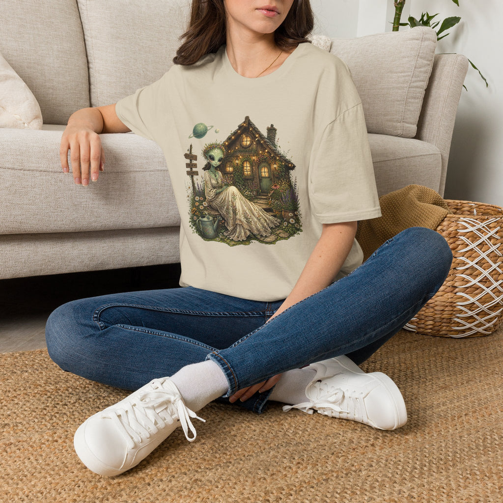 Alien Cottage T-Shirt — Whimsical Extraterrestrial Home Graphic