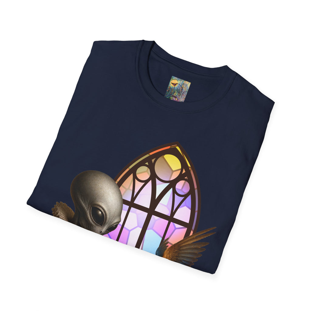 Alien Stained Glass T-Shirt — Gothic Church Window Sci‑Fi Tee