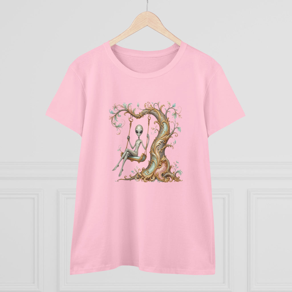 Baroque Alien on Swing T-Shirt — Whimsical Vintage Tree Graphic Tee for Women