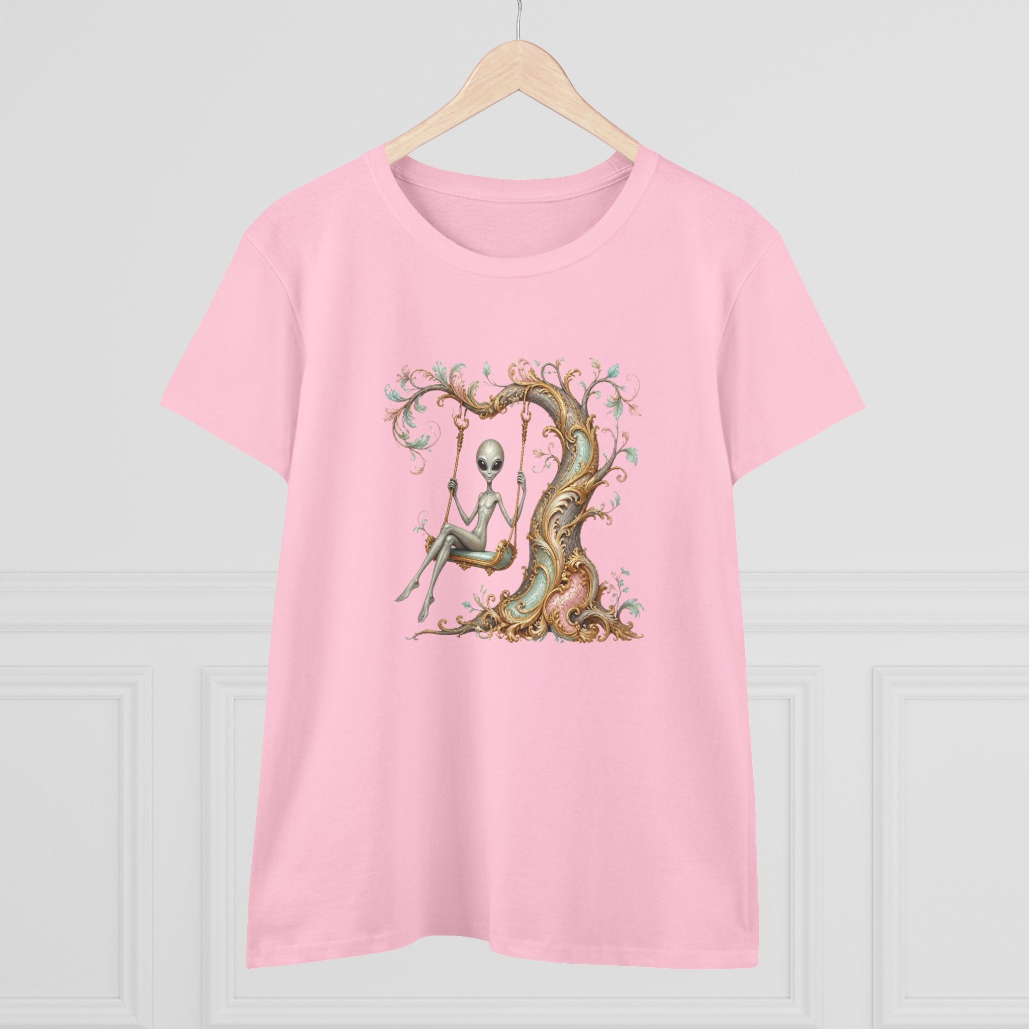 Baroque Alien on Swing T-Shirt — Whimsical Vintage Tree Graphic Tee for Women