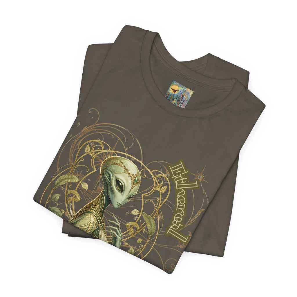 Alien Art Noveau Embrace T-Shirt — Mystical Green Alien Graphic Tee for Sci‑Fi Fans