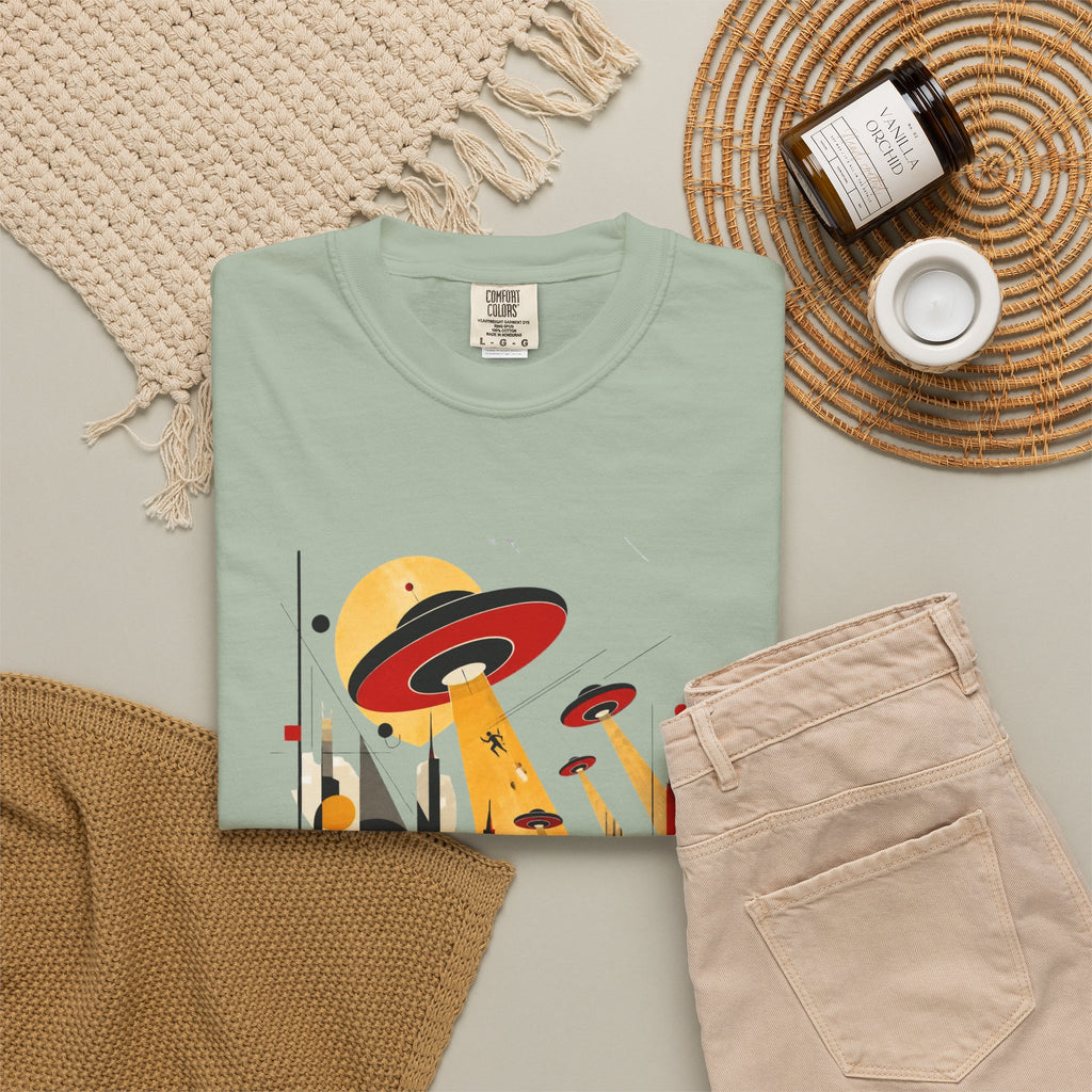Alien Invasion Bauhaus Graphic T-Shirt — Retro Sci‑Fi Cityscape Design