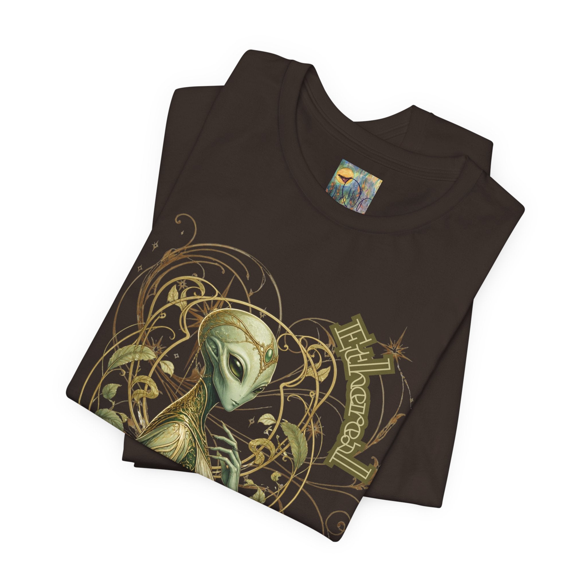Alien Art Noveau Embrace T-Shirt — Mystical Green Alien Graphic Tee for Sci‑Fi Fans