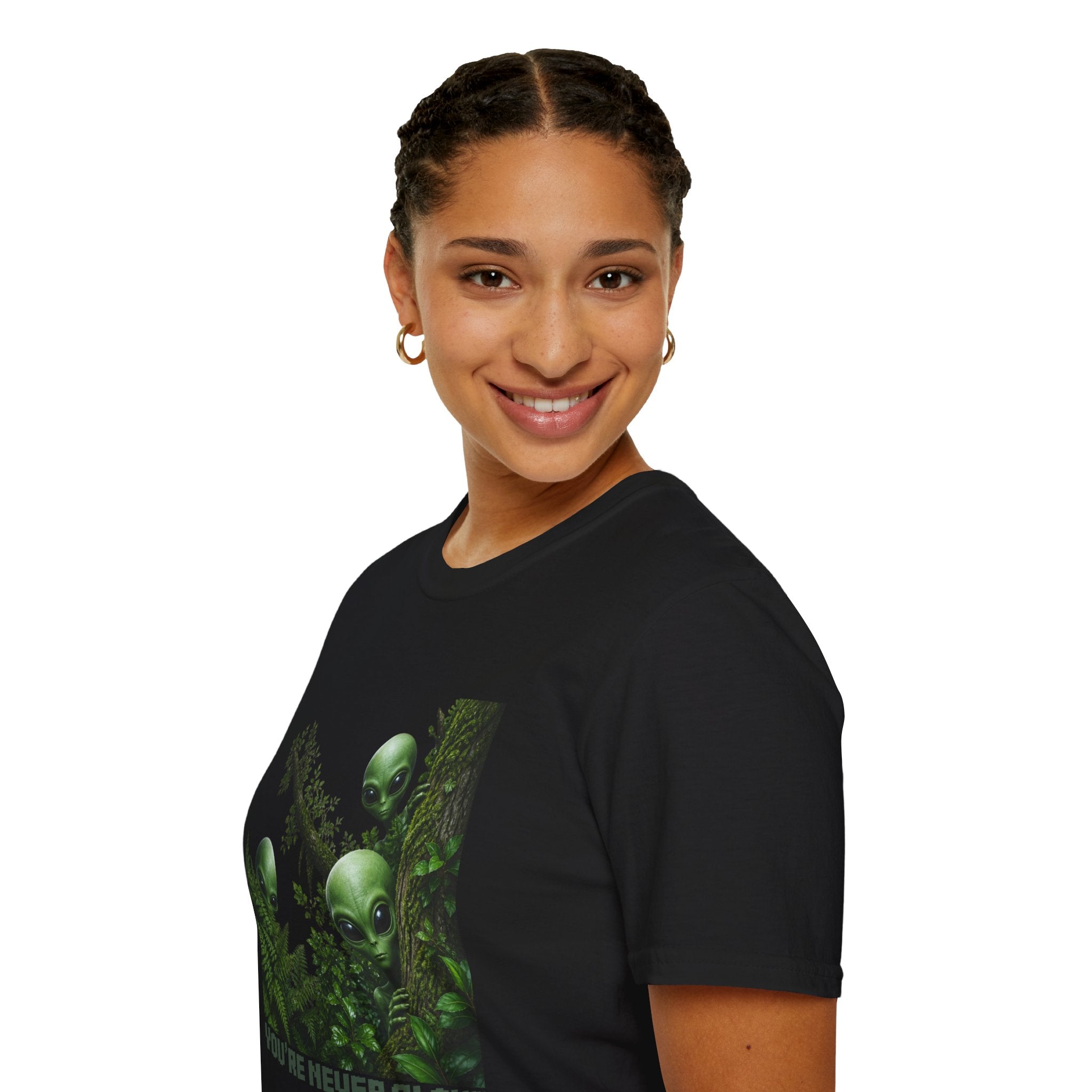 Alien Friends T‑Shirt — "You're Never Alone" Green Extraterrestrial Graphic Tee