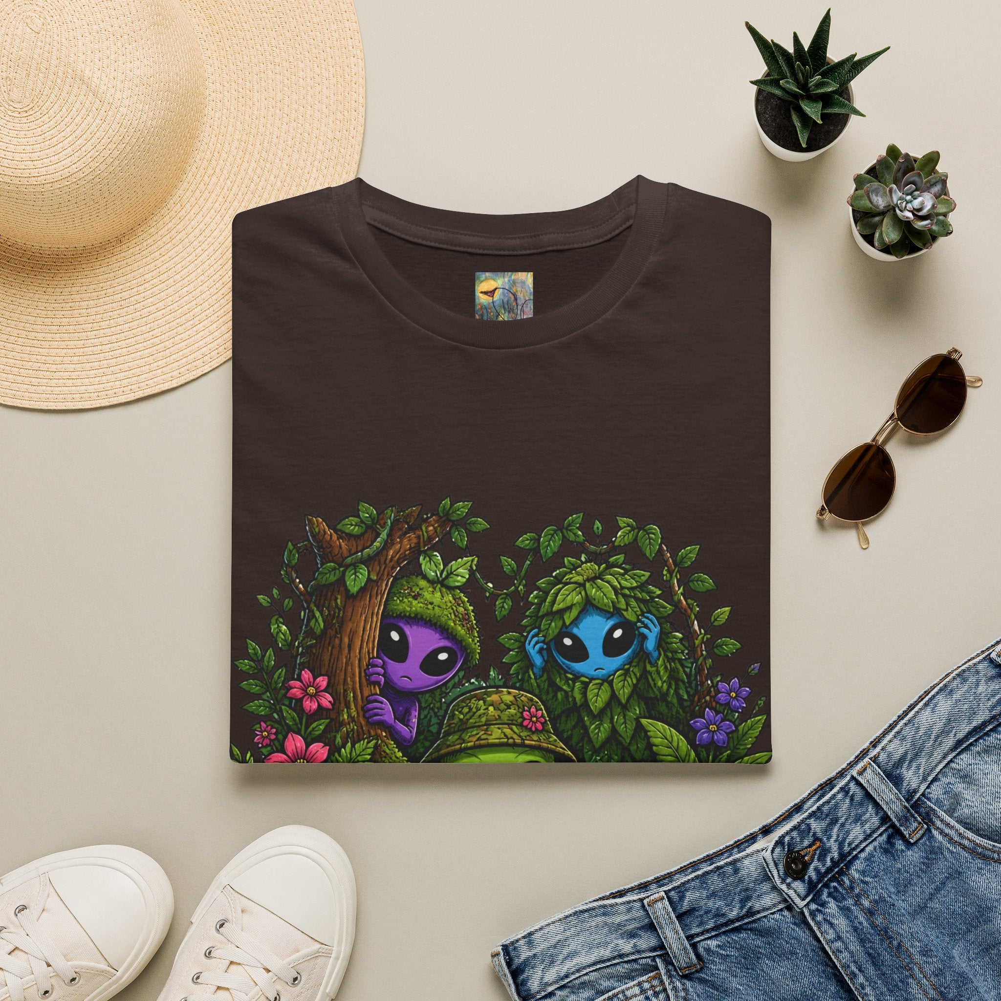 "Experts in Camouflage" Alien Friends T-Shirt — Cute Forest ETs Peeking Through Leaves
