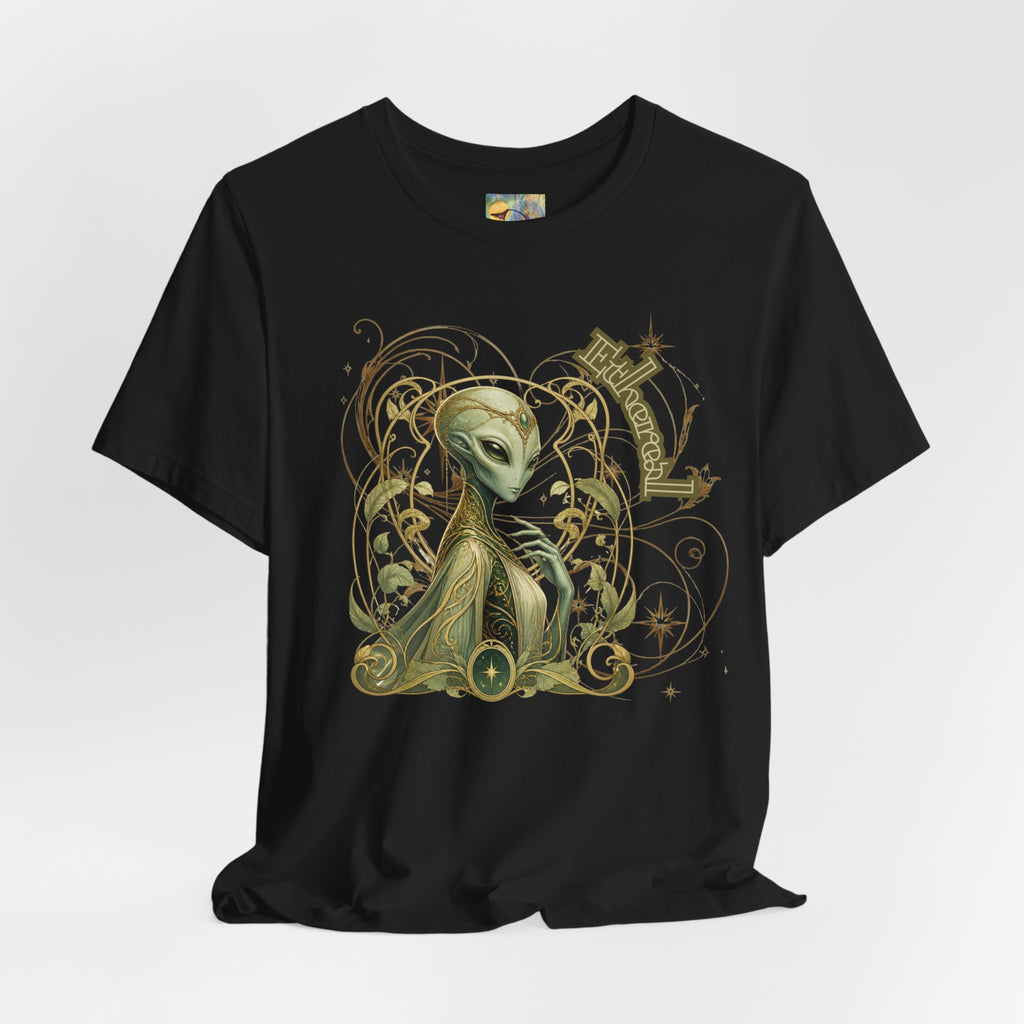 Alien Art Noveau Embrace T-Shirt — Mystical Green Alien Graphic Tee for Sci‑Fi Fans