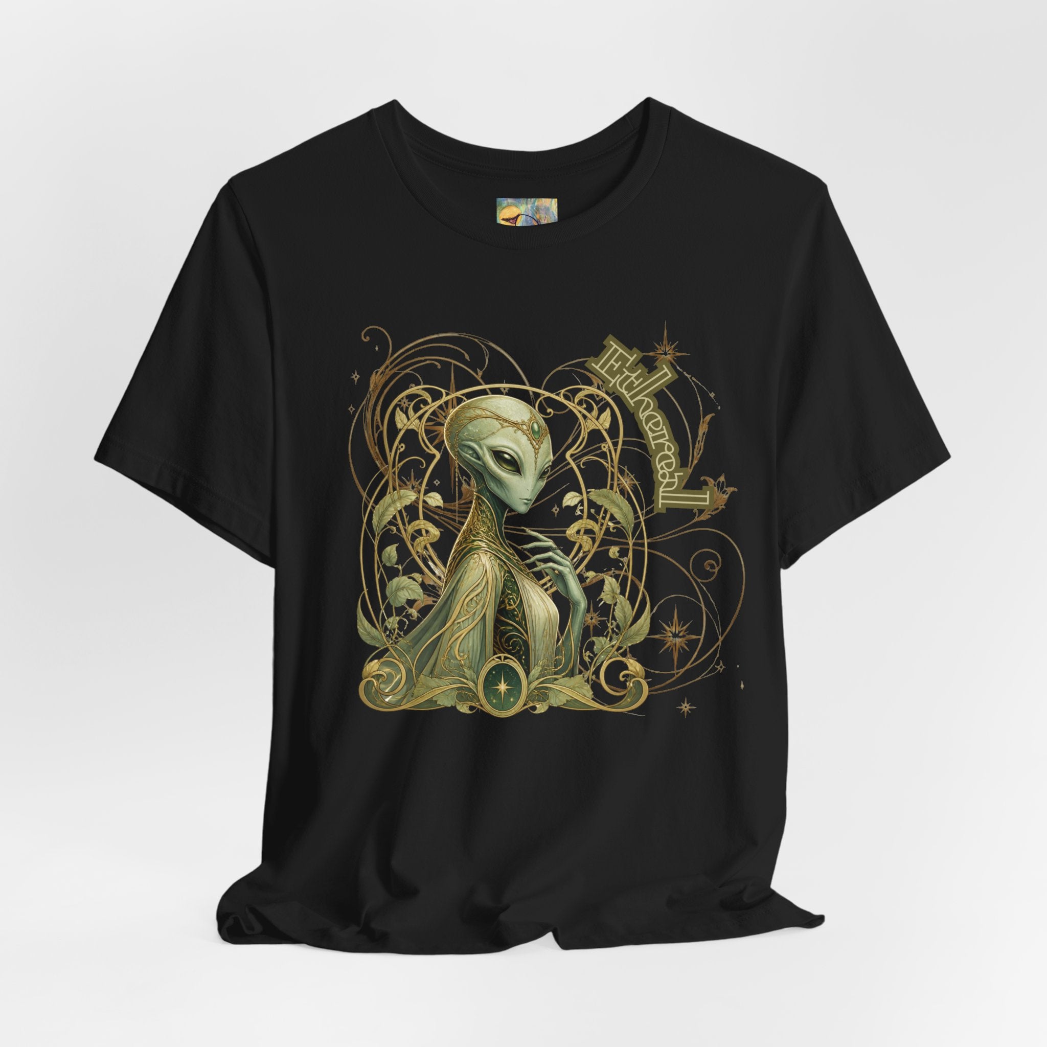 Alien Art Noveau Embrace T-Shirt — Mystical Green Alien Graphic Tee for Sci‑Fi Fans