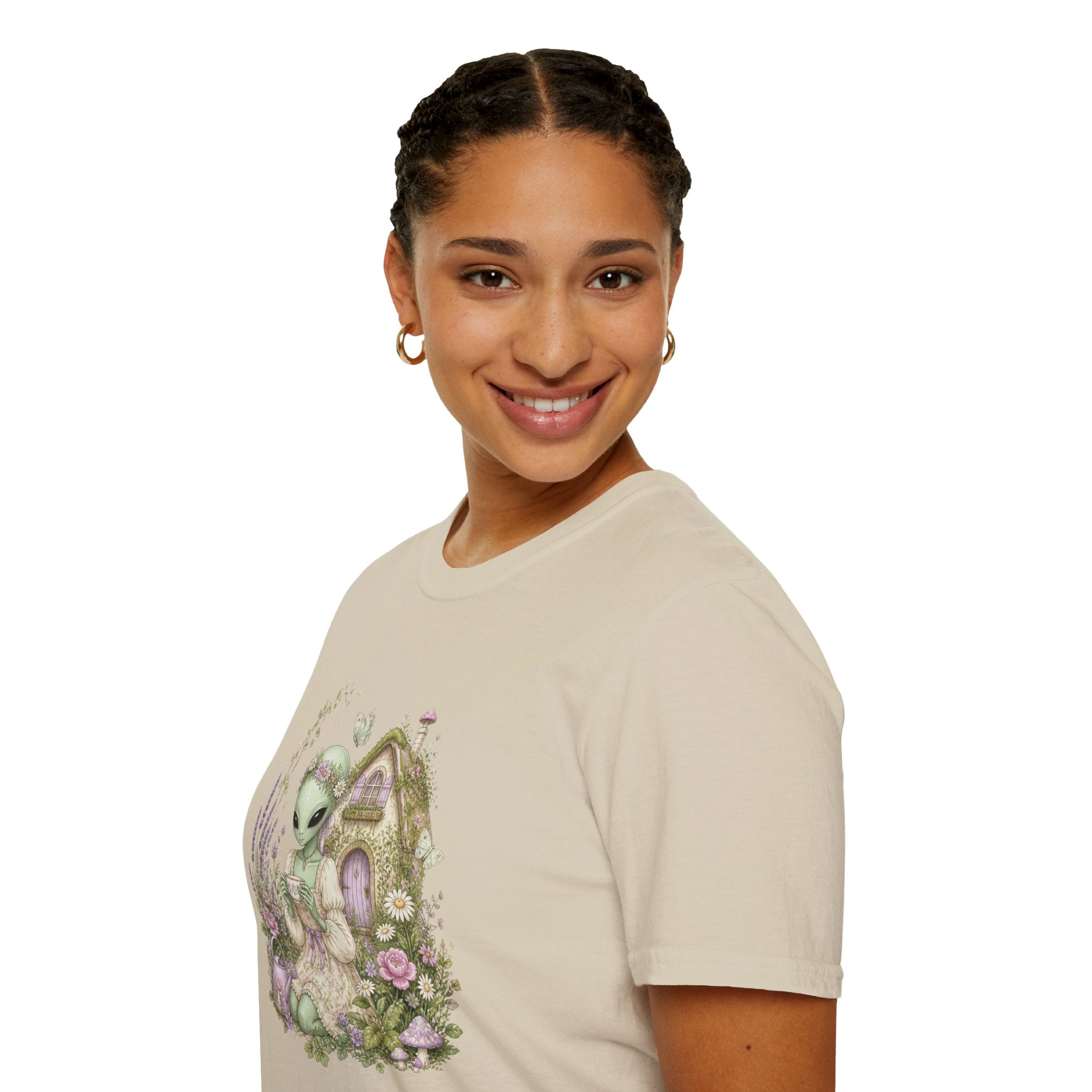 Alien Cottage Tee — Whimsical Floral Alien Garden T-Shirt