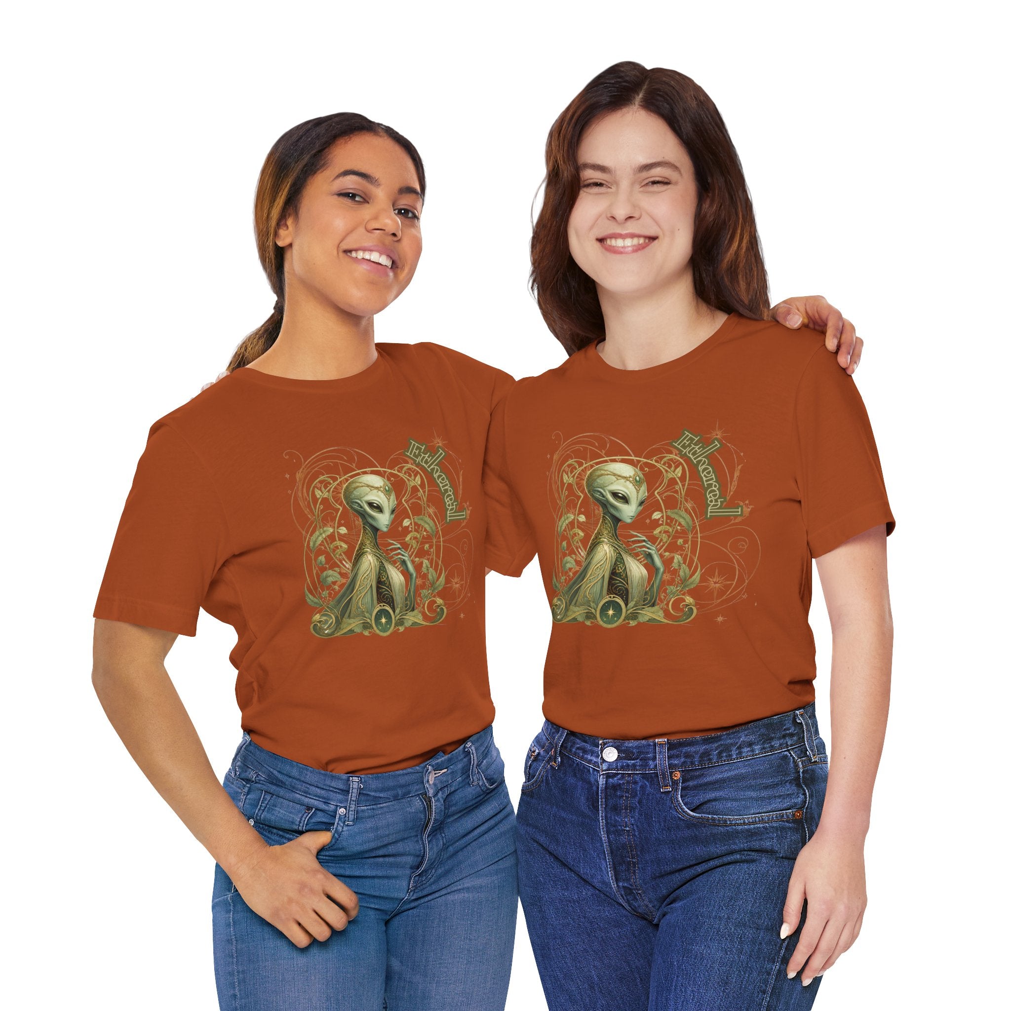 Alien Art Noveau Embrace T-Shirt — Mystical Green Alien Graphic Tee for Sci‑Fi Fans