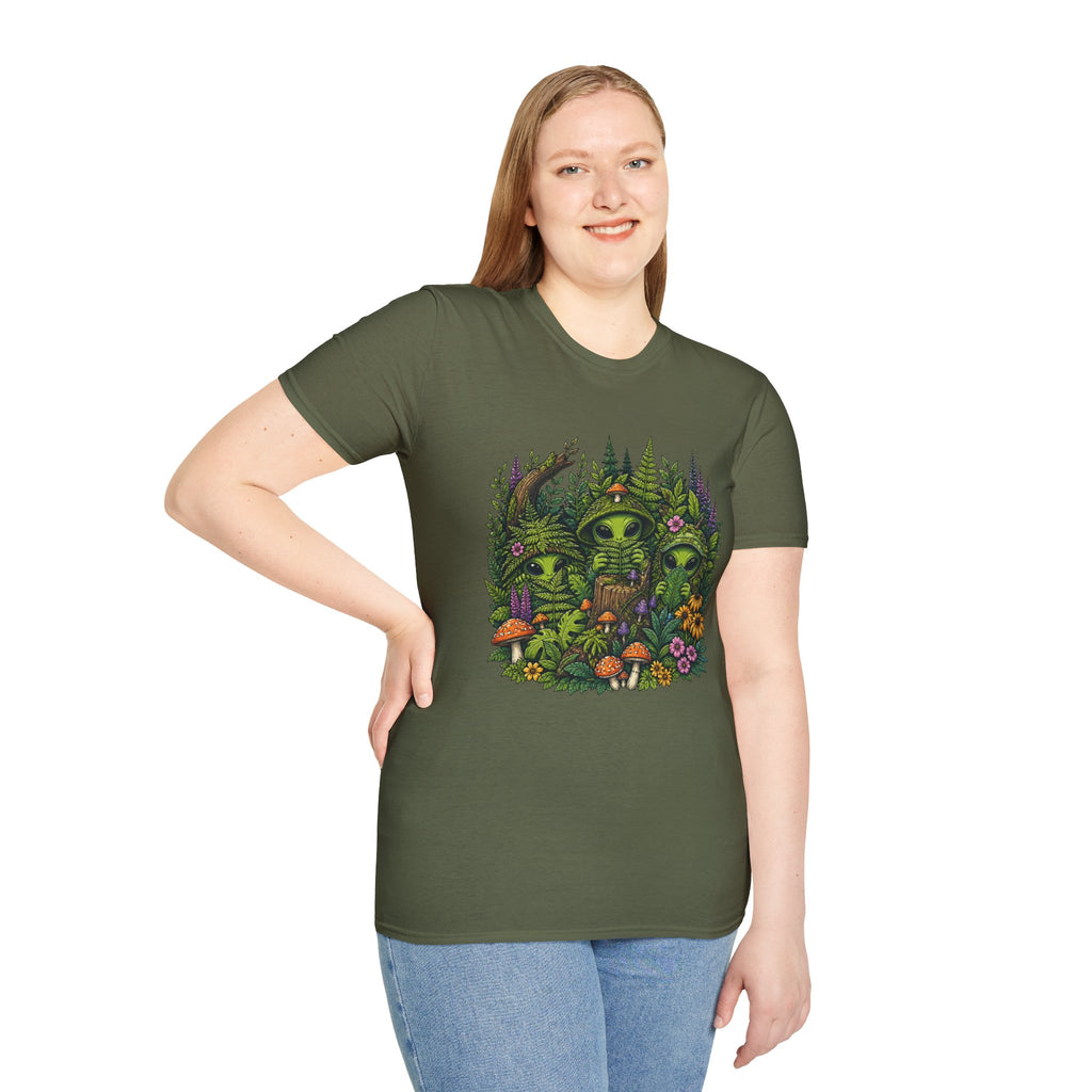 Alien Forest T-Shirt — Cute Green UFO Creatures with Mushrooms & Flowers