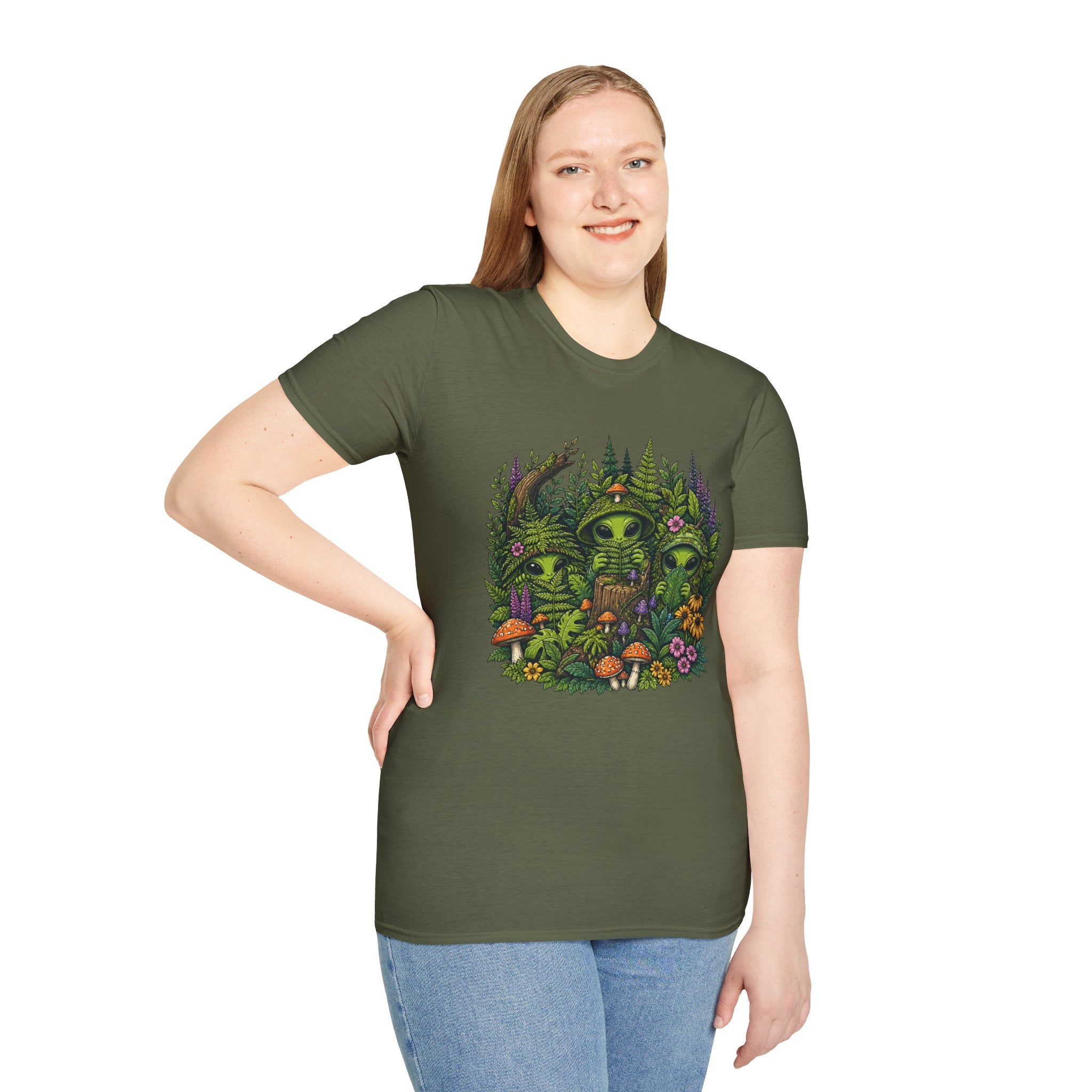 Alien Forest T-Shirt — Cute Green UFO Creatures with Mushrooms & Flowers