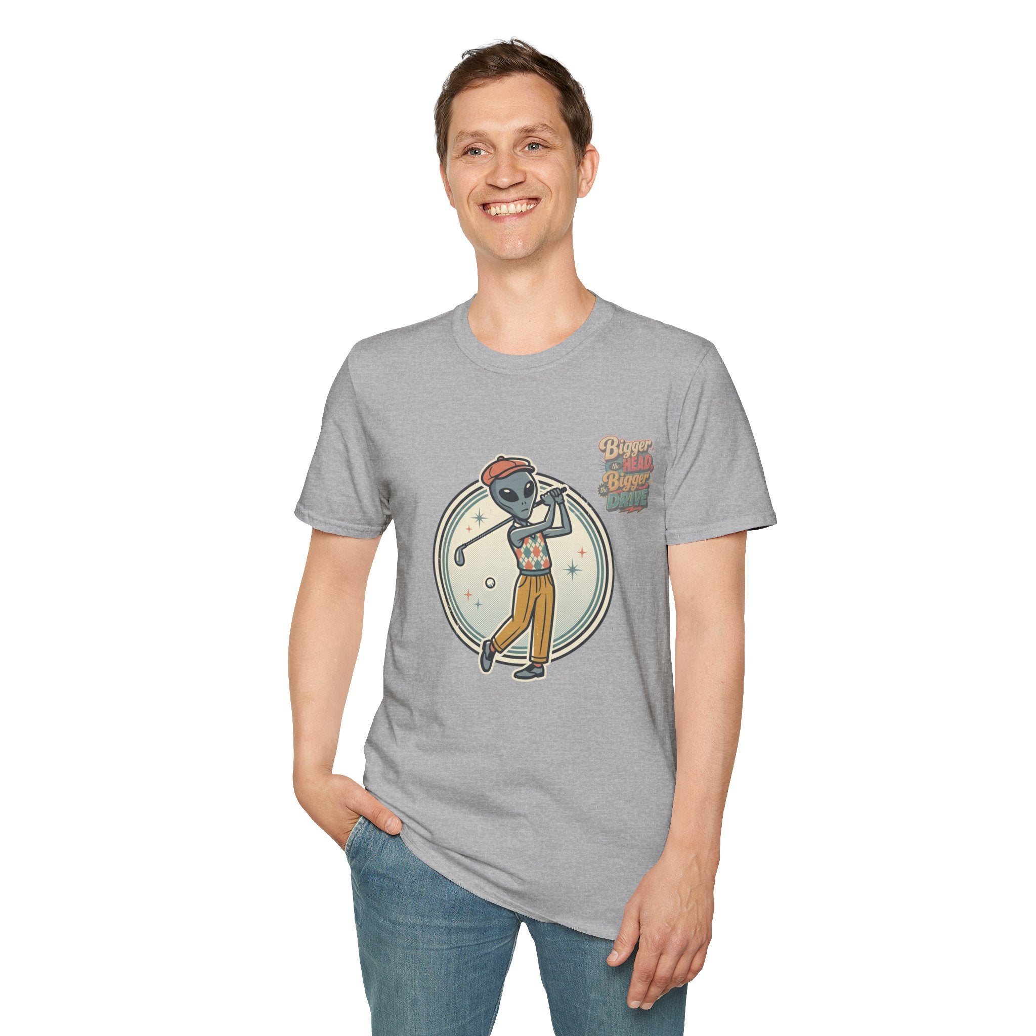 Alien Golfer T‑Shirt : The Bigger the Head, The Bigger the Drive"— Vintage Space Golf Graphic Tee