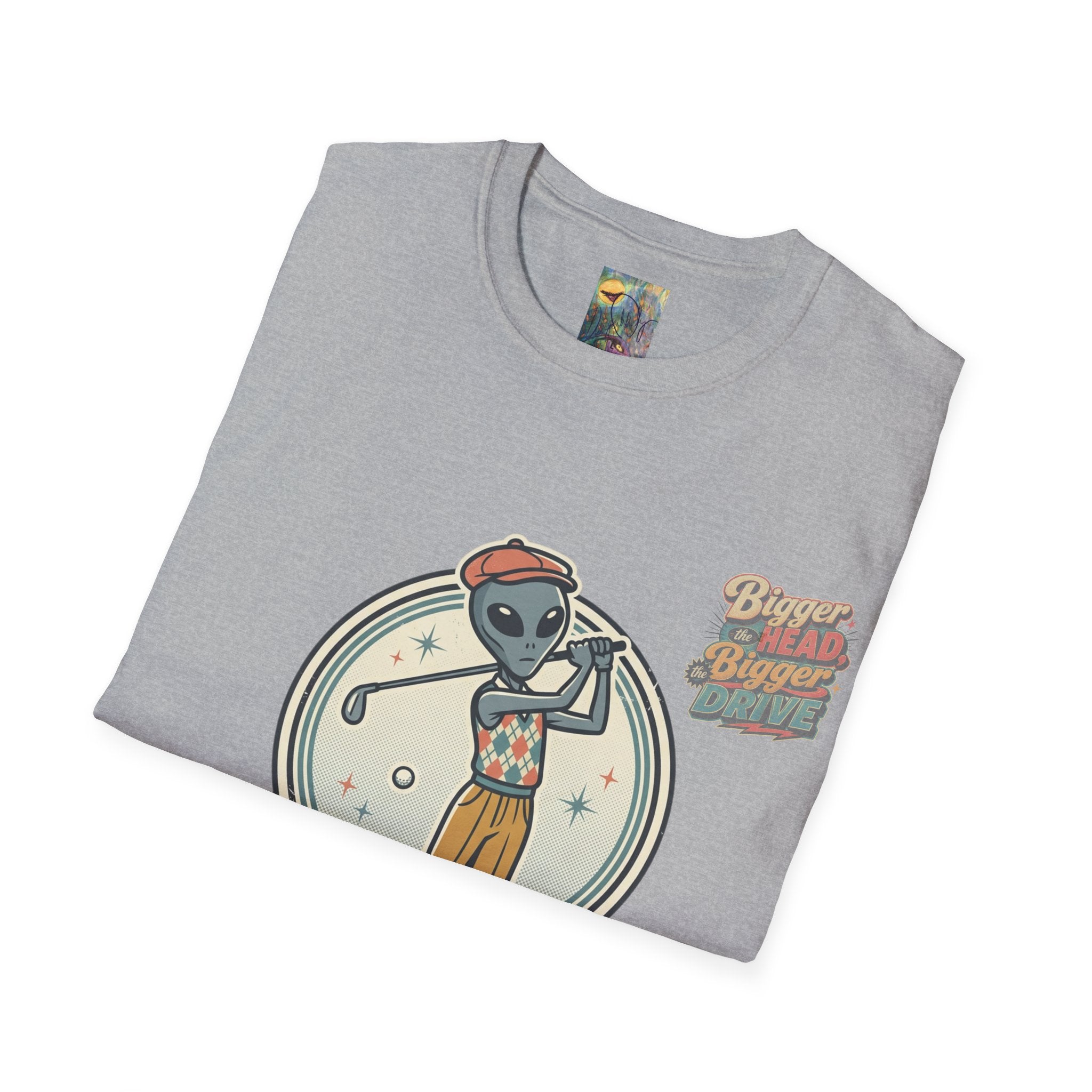 Alien Golfer T‑Shirt : The Bigger the Head, The Bigger the Drive"— Vintage Space Golf Graphic Tee
