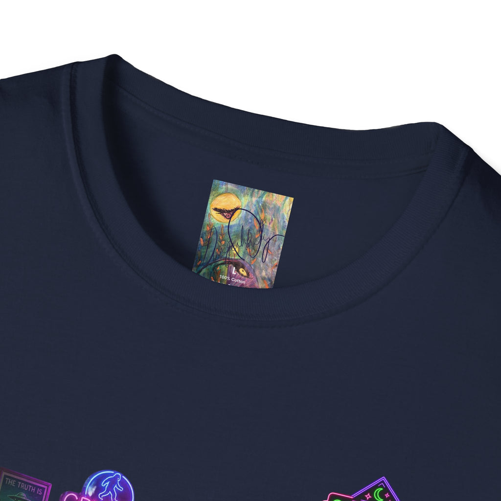 Cryptid Social Club T-Shirt — Neon Bigfoot, Loch Ness & Alien Design