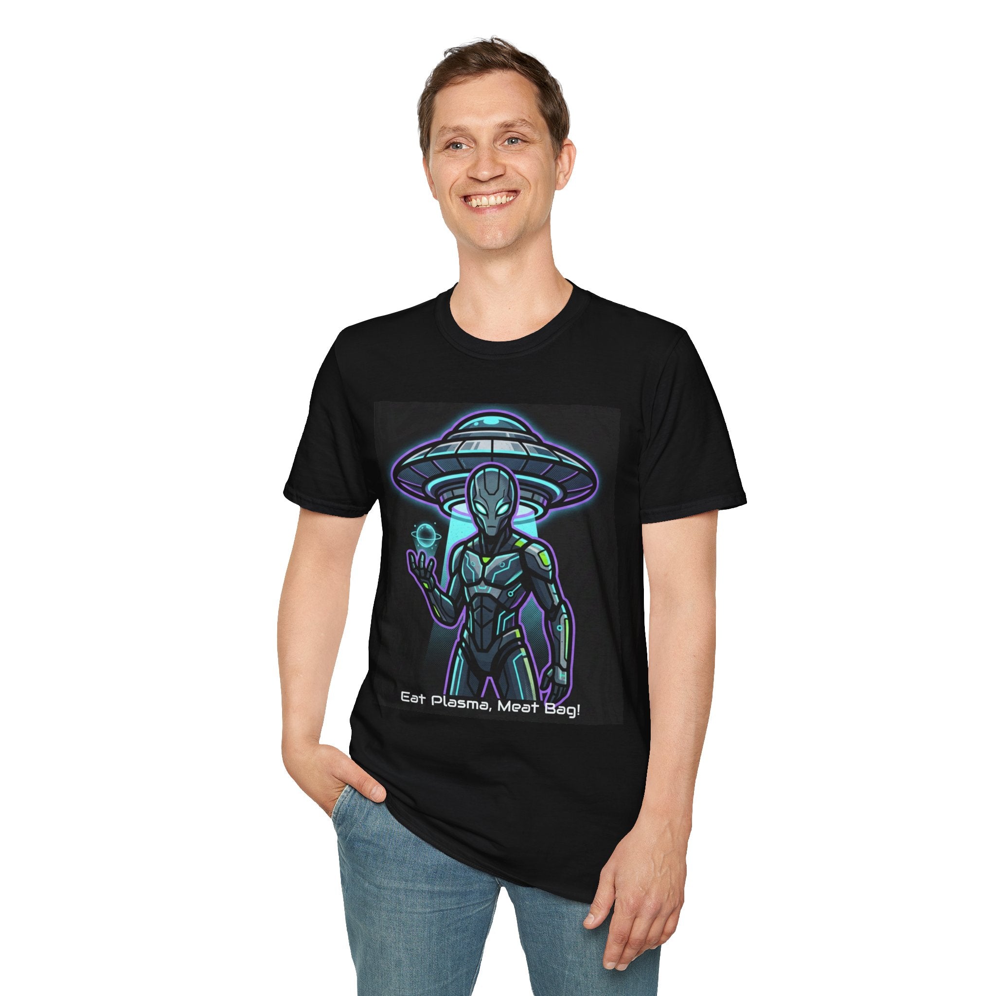 Alien UFO Graphic Tee — Neon Extraterrestrial Design ("Eat Plasma, Dirt Bag")