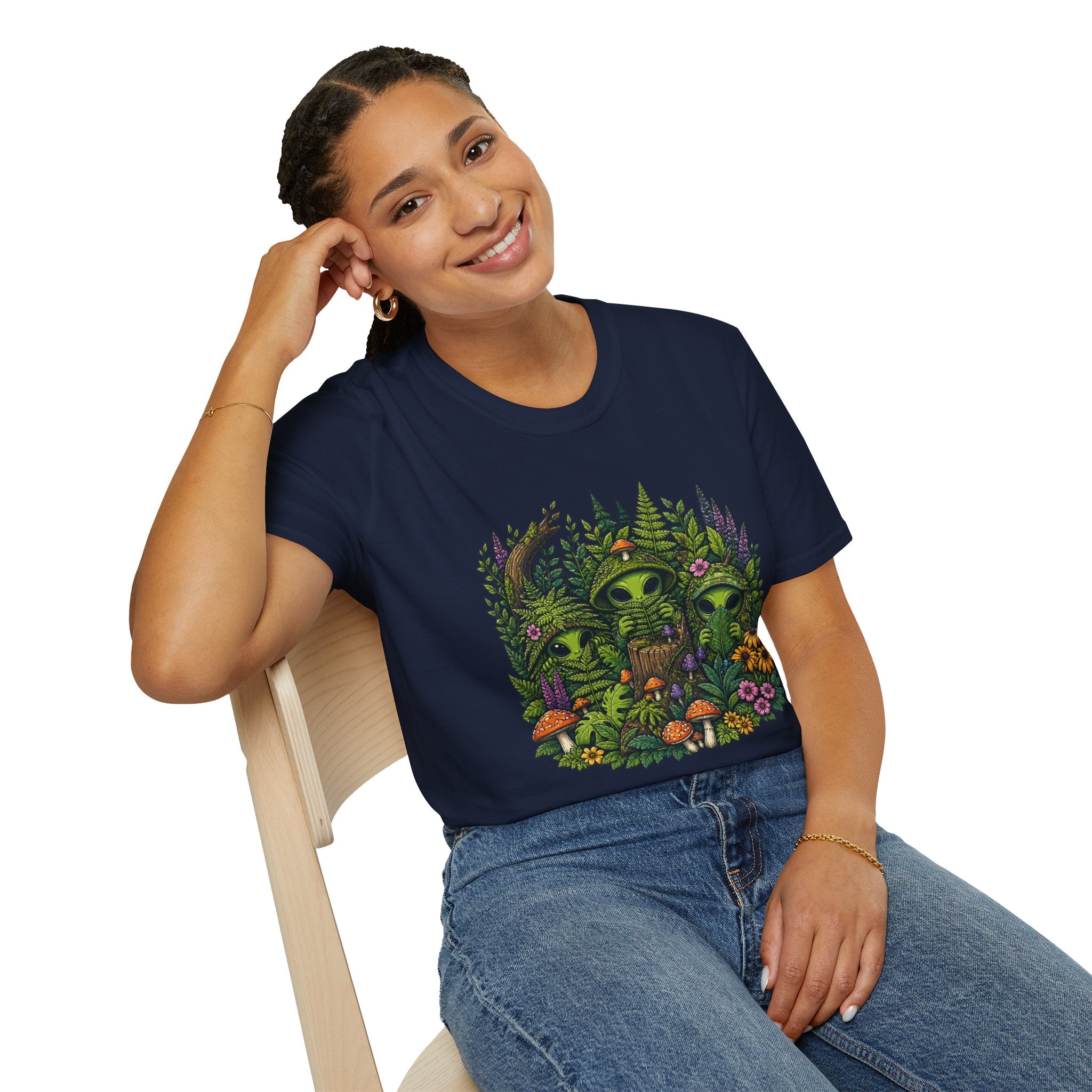 Alien Forest T-Shirt — Cute Green UFO Creatures with Mushrooms & Flowers