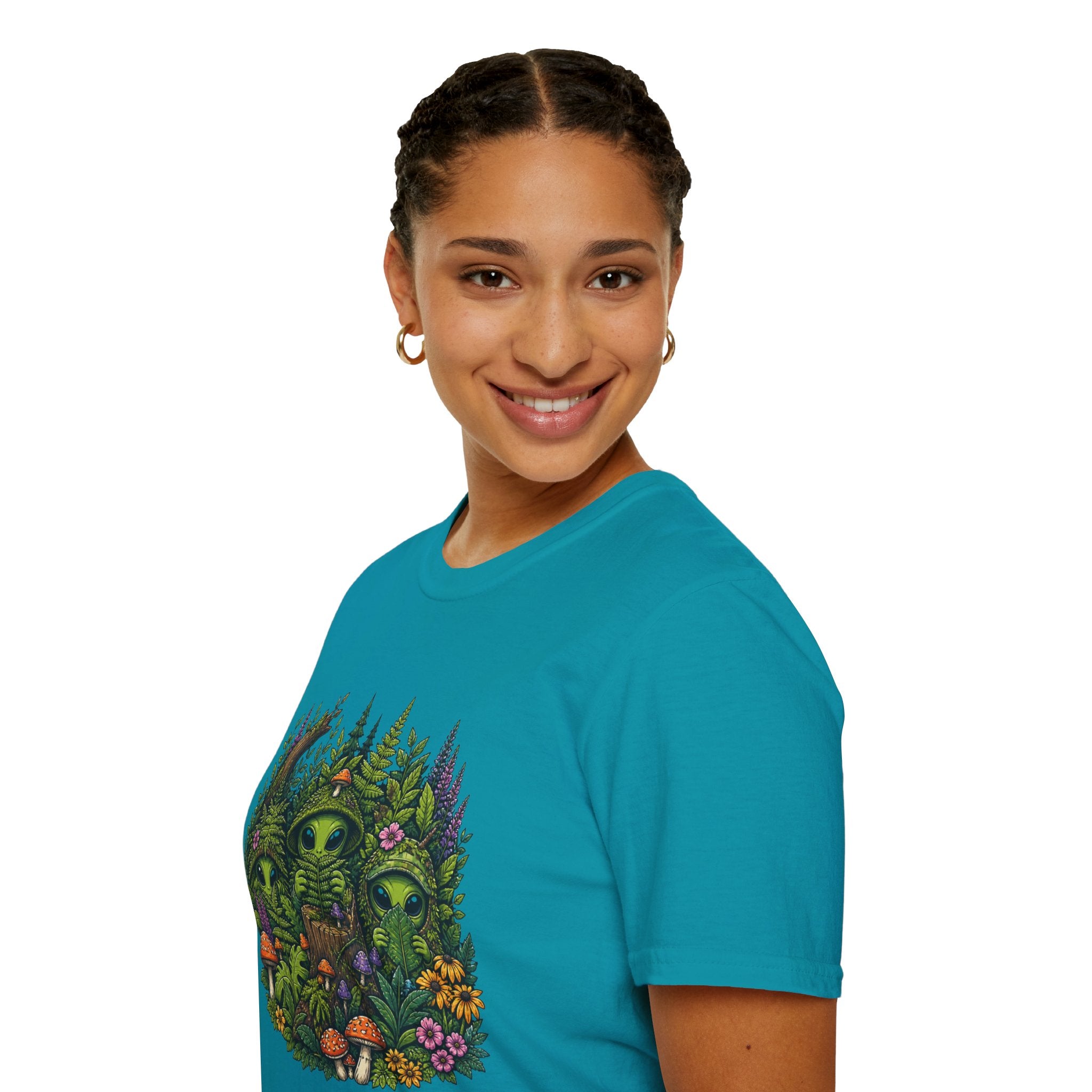 Alien Forest T-Shirt — Cute Green UFO Creatures with Mushrooms & Flowers