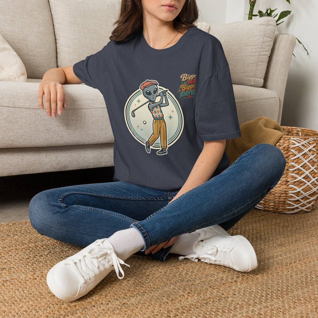 Alien Golfer T‑Shirt : The Bigger the Head, The Bigger the Drive"— Vintage Space Golf Graphic Tee