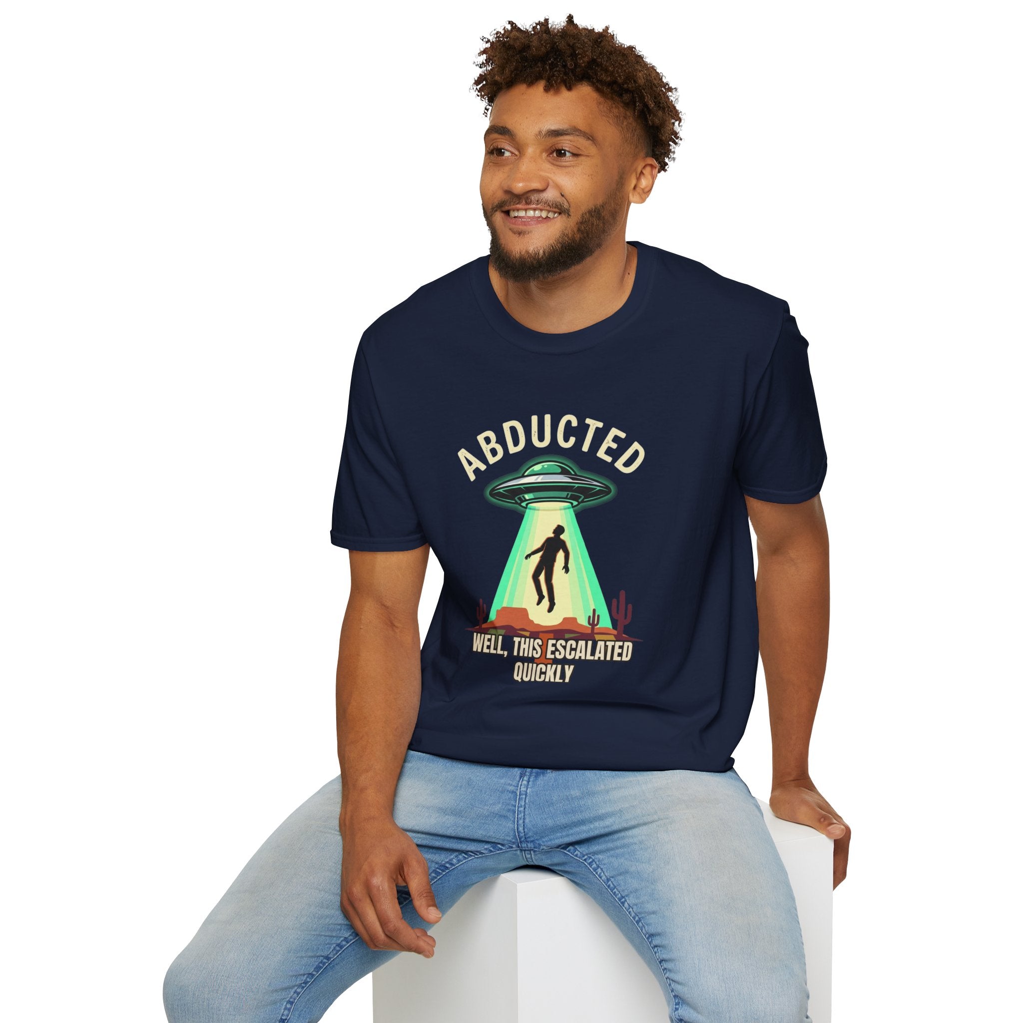 "Well That Escalated Quickly" Abducted UFO Tee — Retro Alien Abduction Graphic T-Shirt