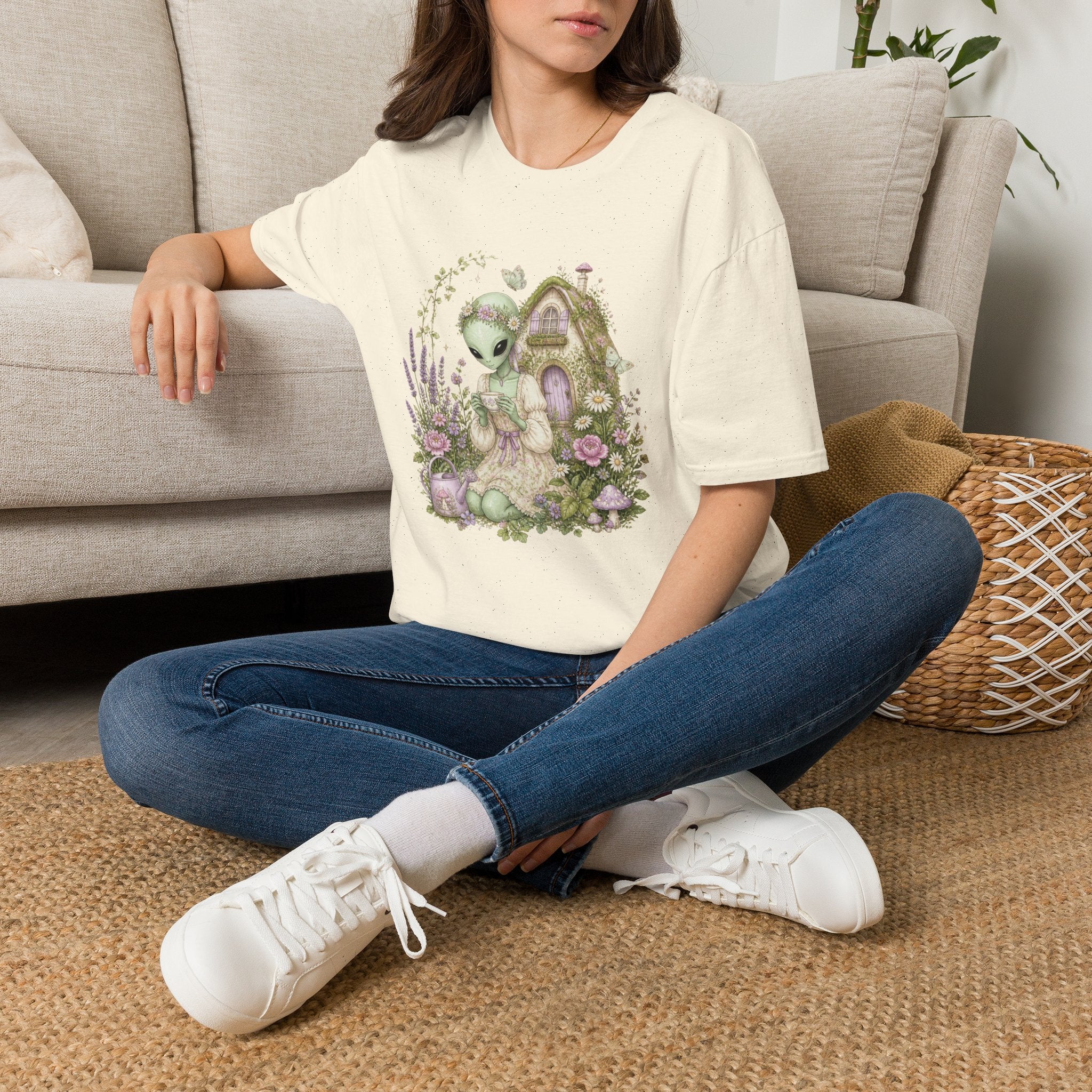 Alien Cottage Tee — Whimsical Floral Alien Garden T-Shirt
