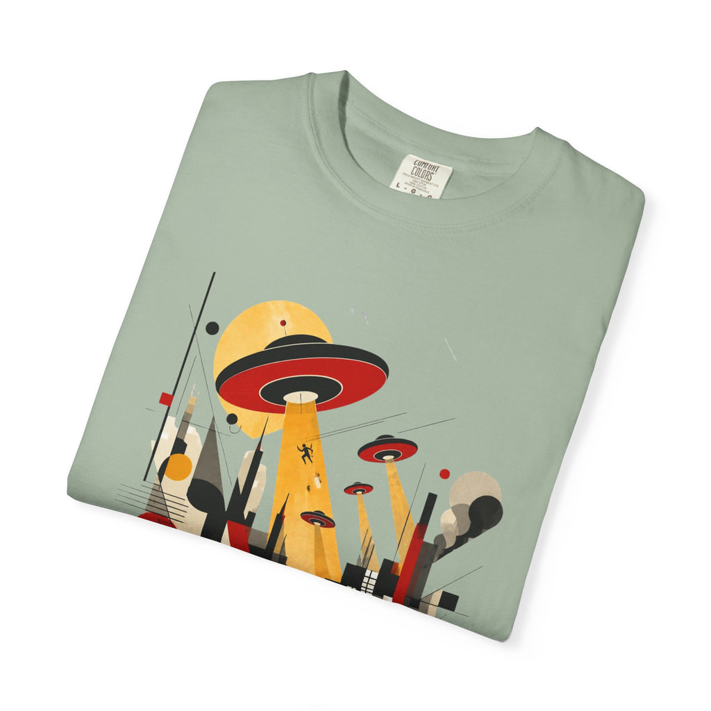 Alien Invasion Bauhaus Graphic T-Shirt — Retro Sci‑Fi Cityscape Design
