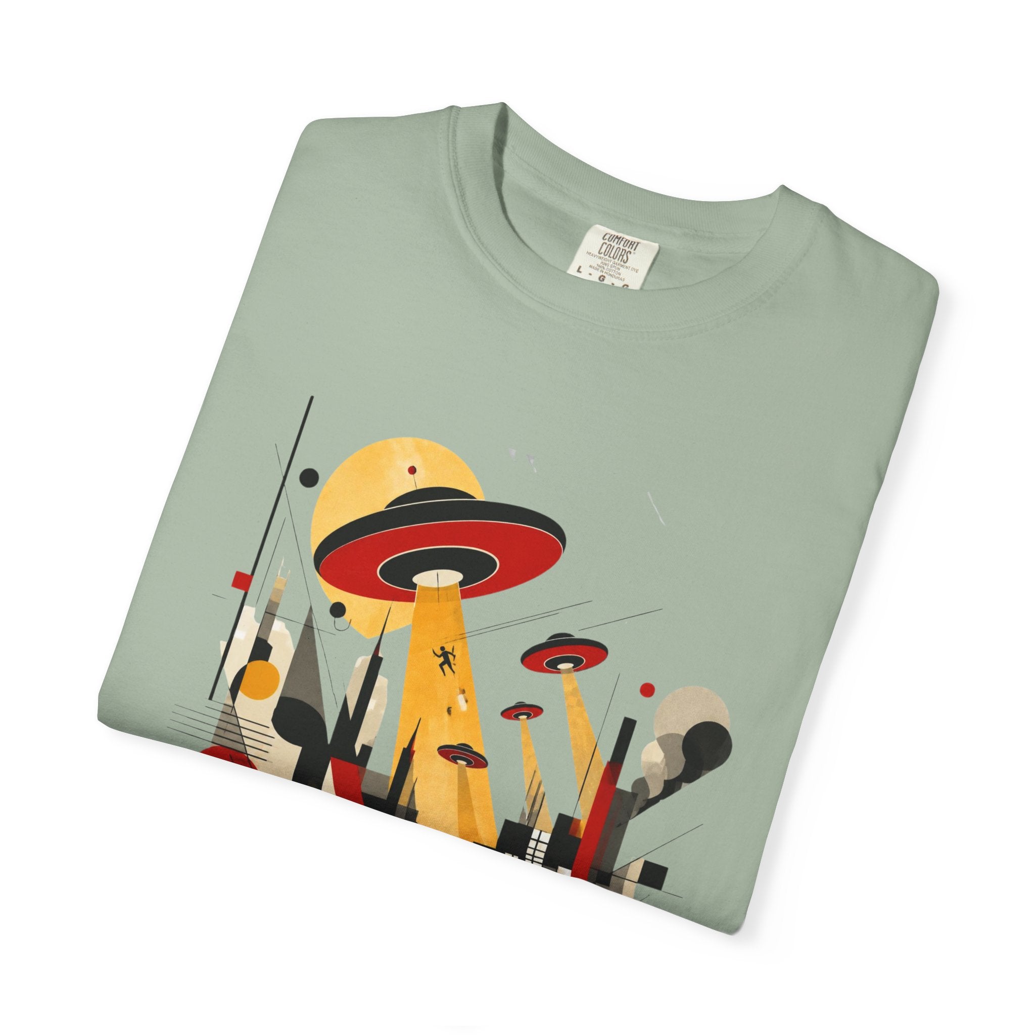 Alien Invasion Bauhaus Graphic T-Shirt — Retro Sci‑Fi Cityscape Design
