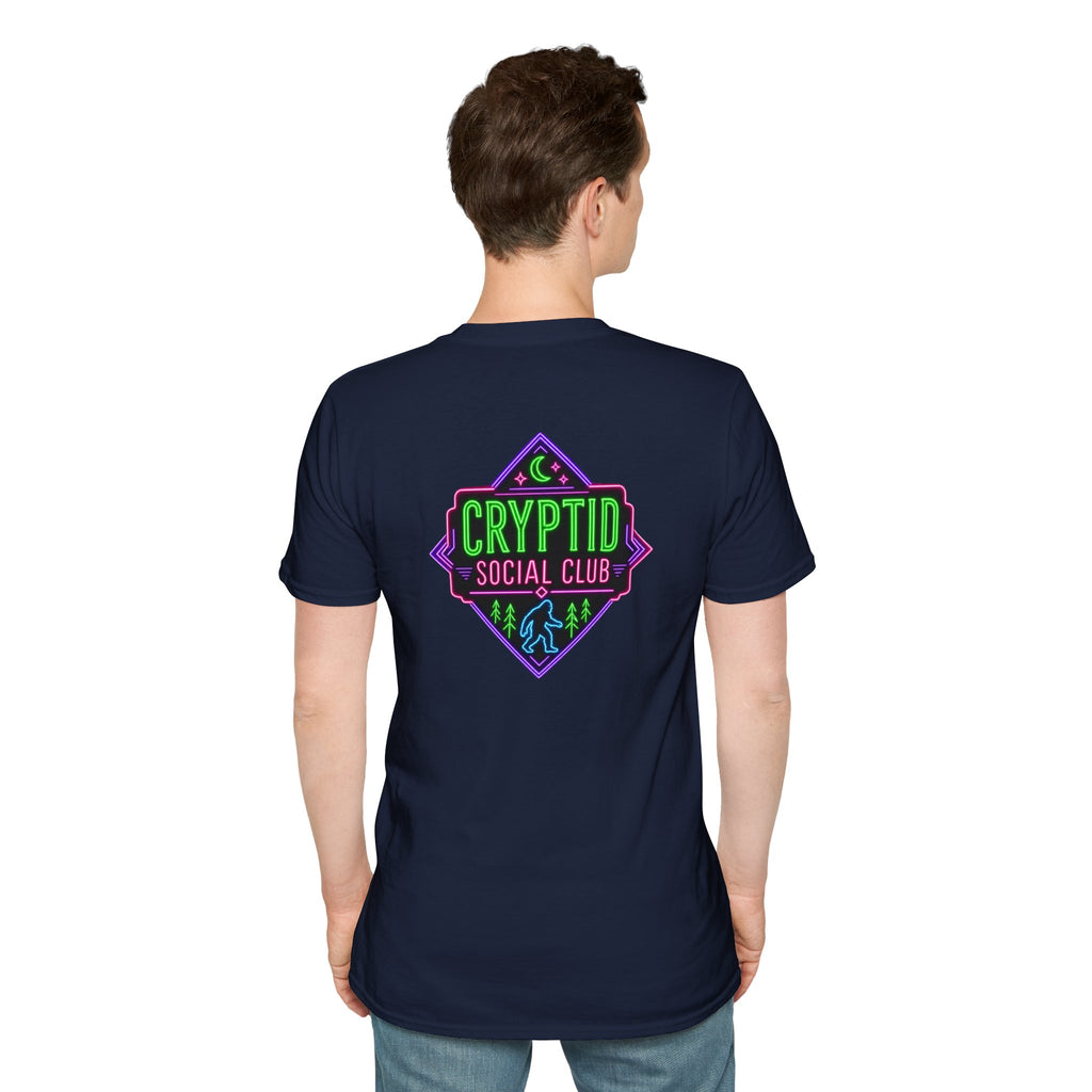 Cryptid Social Club T-Shirt — Neon Bigfoot, Loch Ness & Alien Design