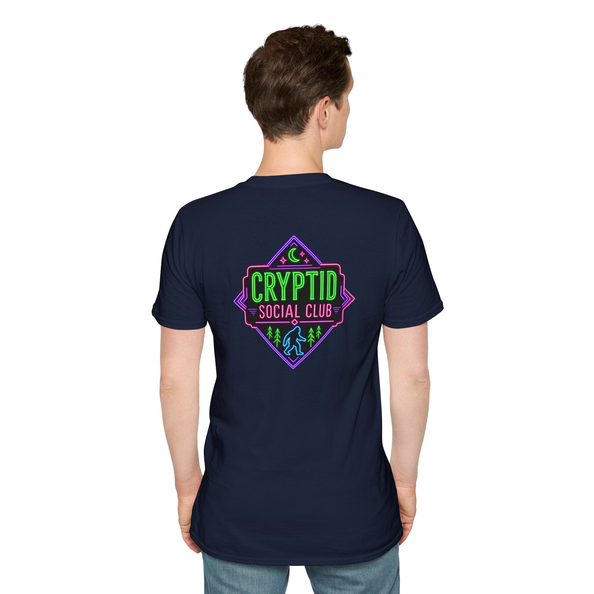 Cryptid Social Club T-Shirt — Neon Bigfoot, Loch Ness & Alien Design