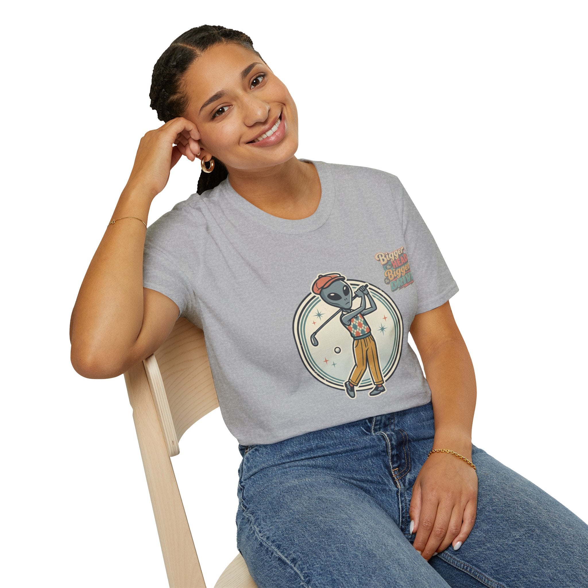Alien Golfer T‑Shirt : The Bigger the Head, The Bigger the Drive"— Vintage Space Golf Graphic Tee