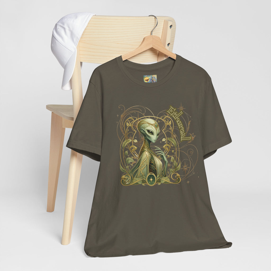 Alien Art Noveau Embrace T-Shirt — Mystical Green Alien Graphic Tee for Sci‑Fi Fans