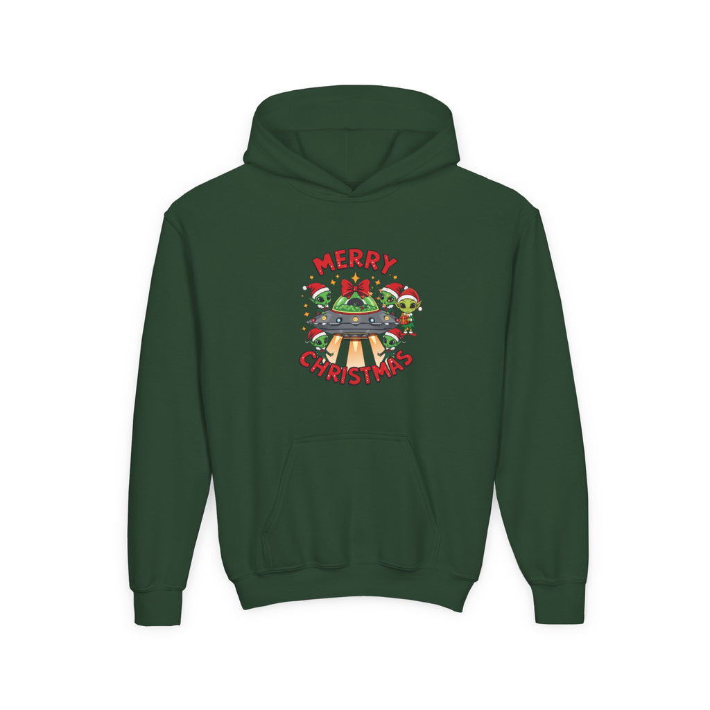 Santa's Alien Elves Youth Hoodie — Merry Christmas Cute Alien UFO Holiday Sweatshirt