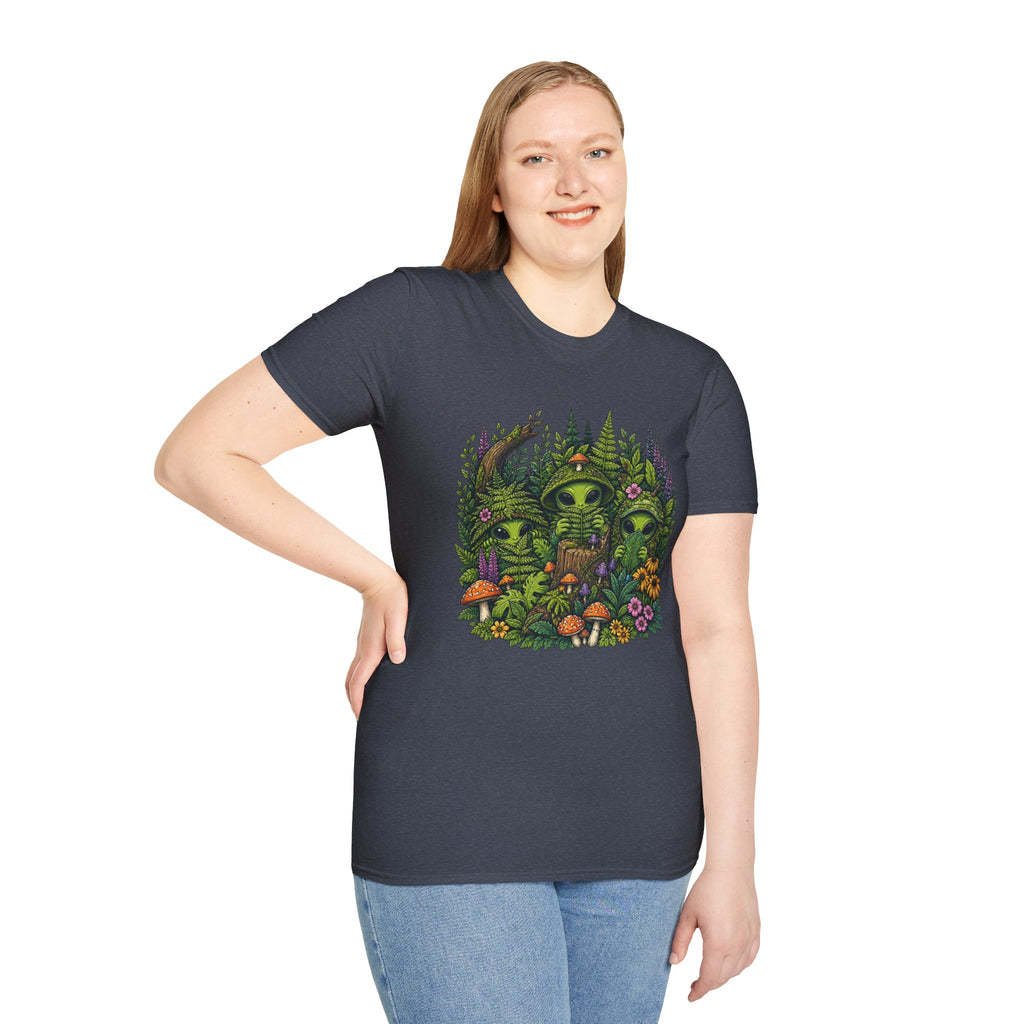 Alien Forest T-Shirt — Cute Green UFO Creatures with Mushrooms & Flowers