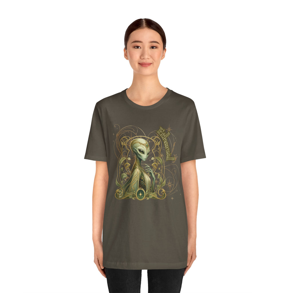 Alien Art Noveau Embrace T-Shirt — Mystical Green Alien Graphic Tee for Sci‑Fi Fans