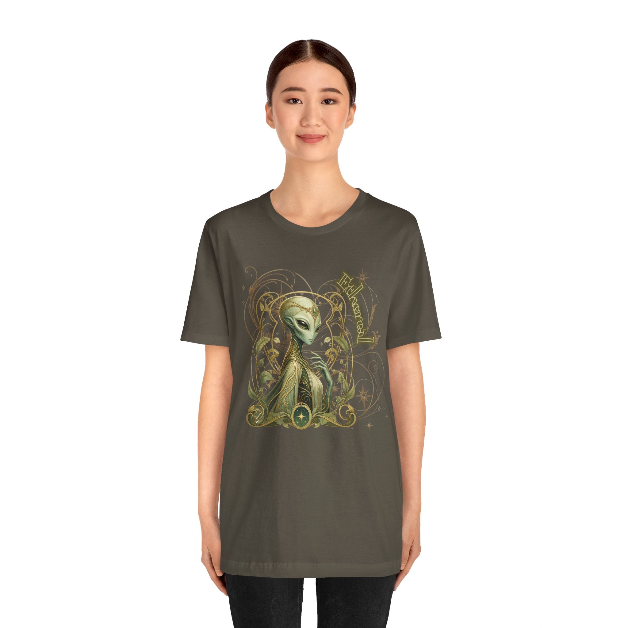 Alien Art Noveau Embrace T-Shirt — Mystical Green Alien Graphic Tee for Sci‑Fi Fans