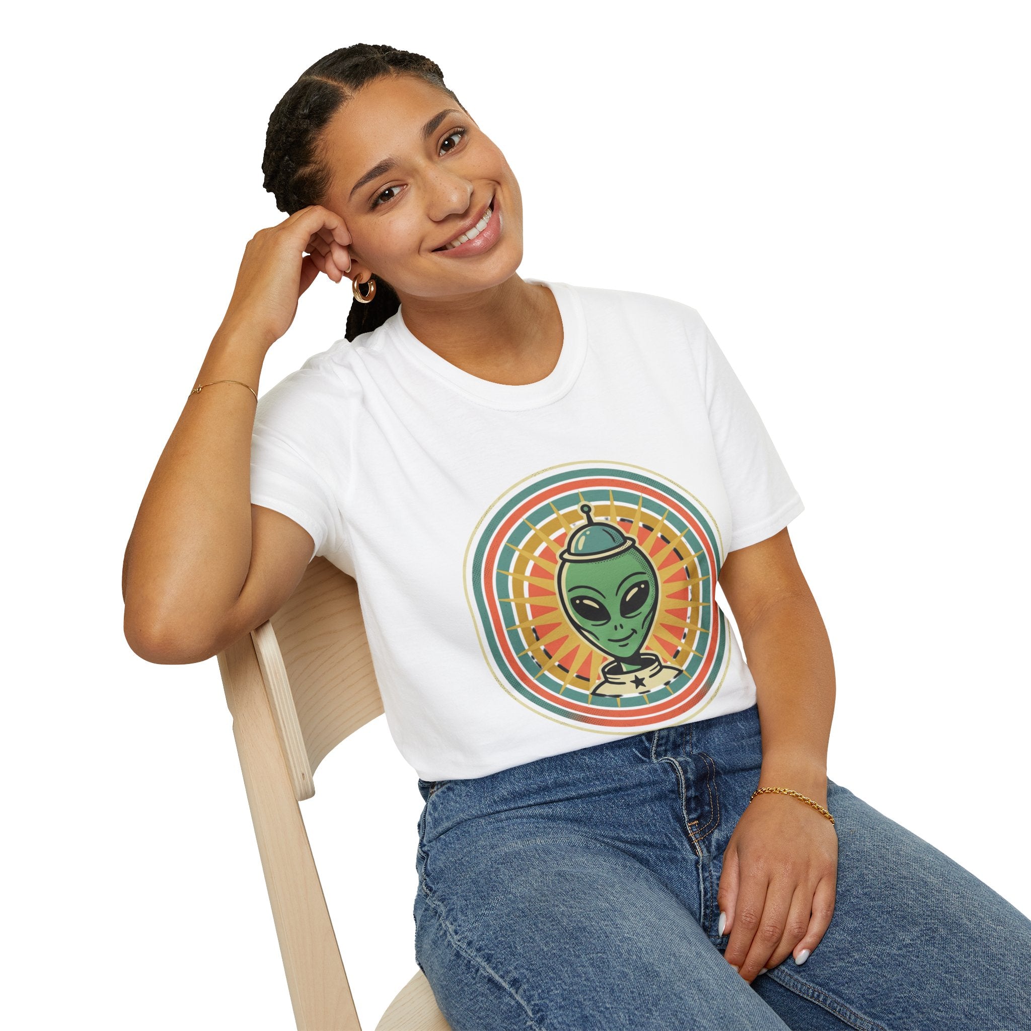 Alien Graphic T-Shirt — Retro Green Alien with Rainbow Halo ("If you can see me you need better tinfoil")